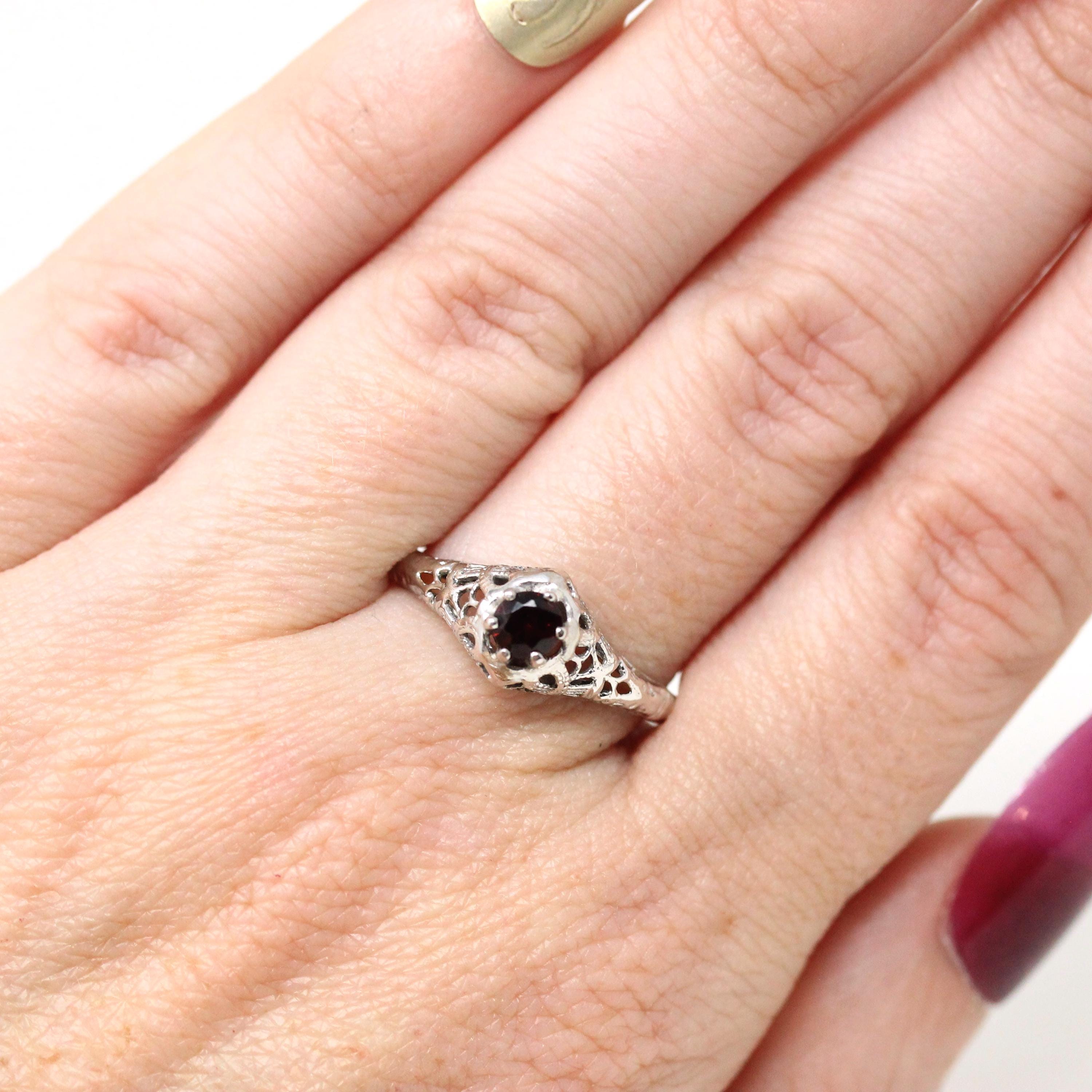 Art Deco Garnet Ring - Vintage 18k White Gold Natural Red Gemstone - Circa 1930s Era Size 8 3/4 Filigree January Birthstone Fine 30s Jewelry