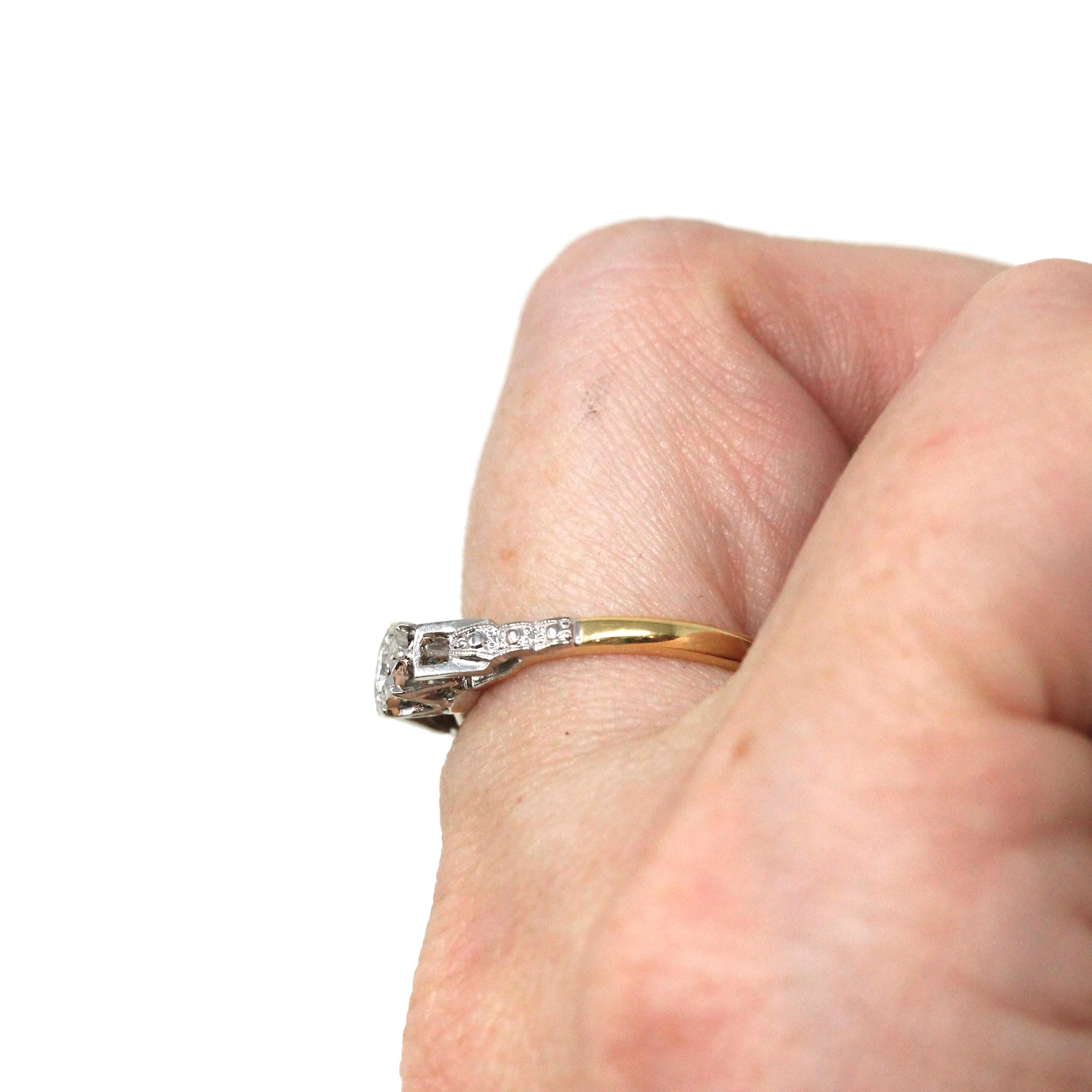 Star Diamond Ring - Retro Era English 18k Yellow Gold & Platinum Natural .10 CT Engagement Ring - Circa 1970s Size 5 3/4 Fine Bridal Jewelry