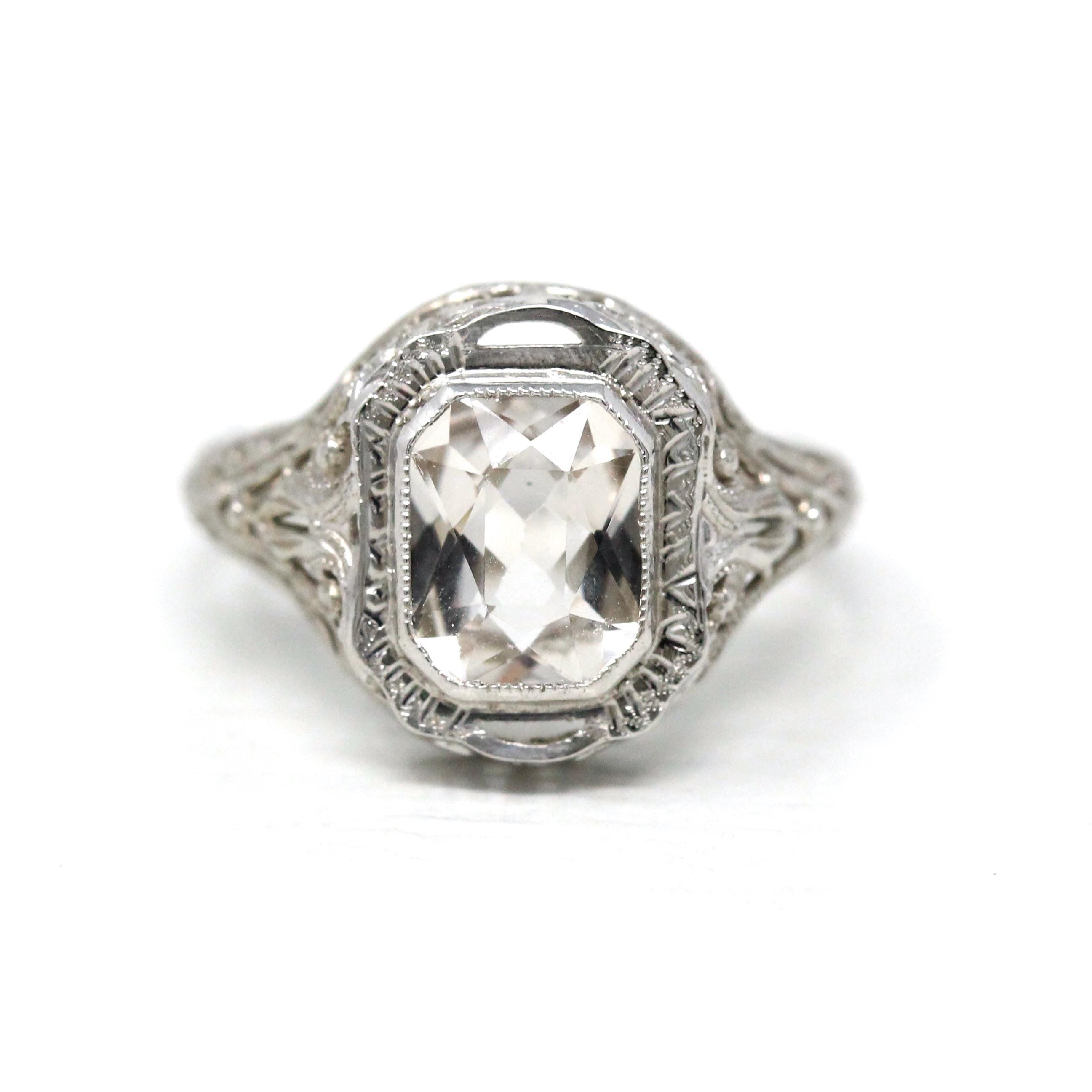 Antique Aquamarine Ring - Art Deco Era 14k White Gold Light Blue Gemstone - Vintage 1920s Size 5 1/4 Filigree Fine March Birthstone Jewelry