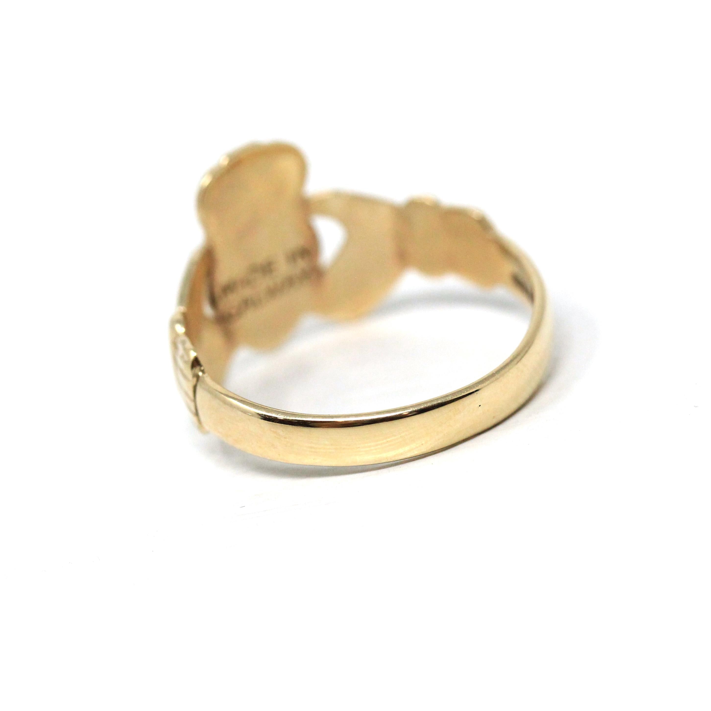Vintage Claddagh Ring - Retro 9ct Yellow Gold Heart Clasped Hand Crown - Hallmarked 1987 Size 7 Friendship Love Loyalty Fine Irish Jewelry