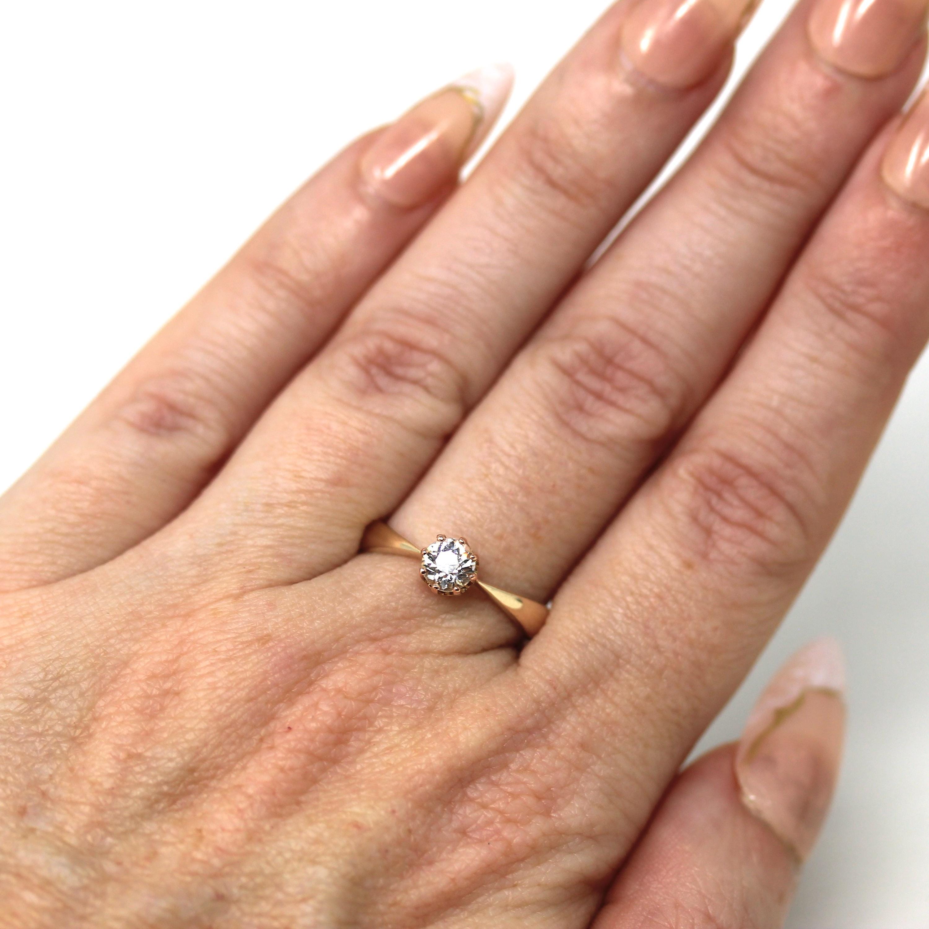 Antique Engagement Ring - Edwardian 10k Yellow Gold Created White Sapphire Solitaire - Vintage 1910s Era Size 8 Handmade Bridal Fine Jewelry