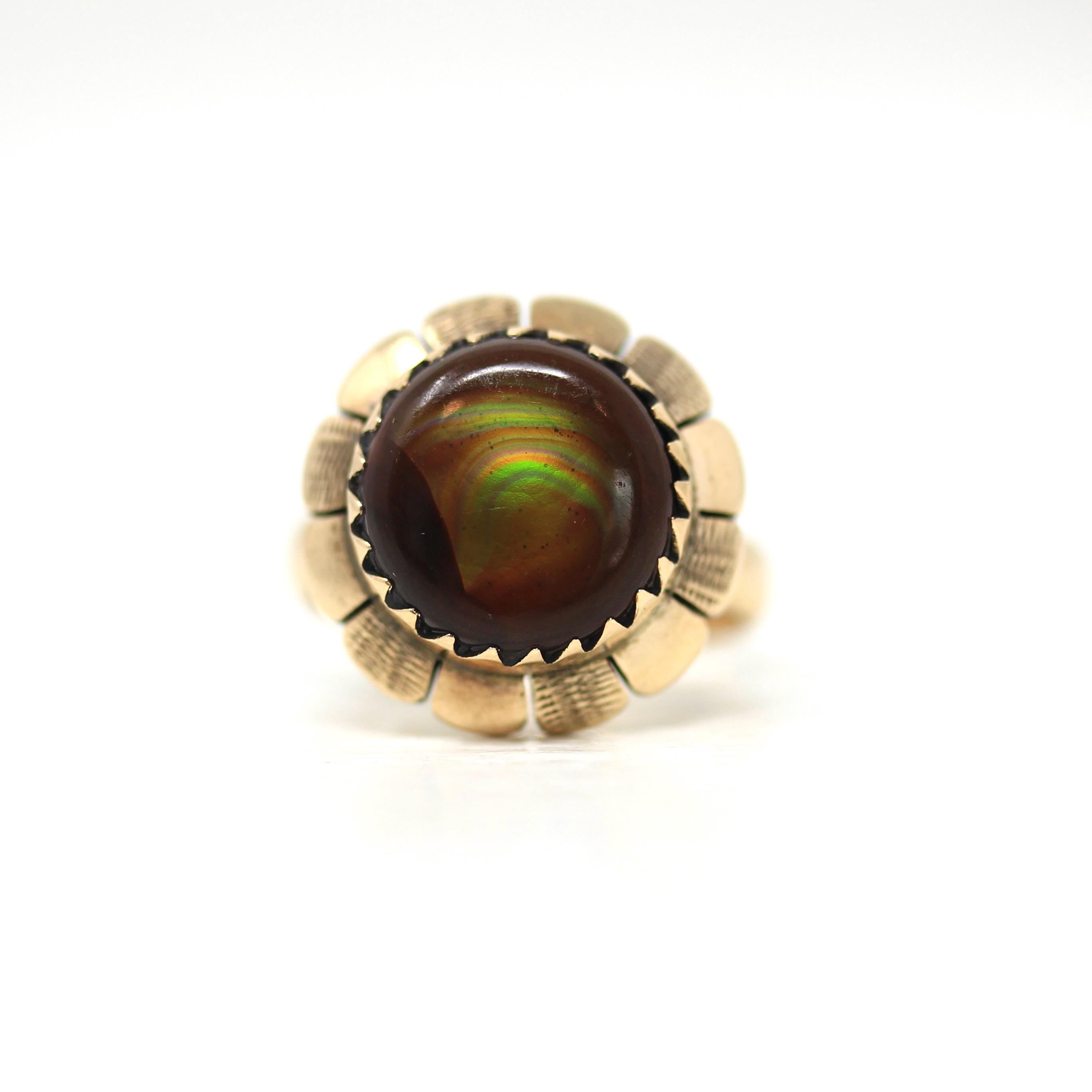 Vintage Fire Agate Ring - Retro 14k Yellow Gold Iridescent Brown Statement - Circa 1960s Size 6 1/4 Daisy Flower Solitaire 60s Fine Jewelry