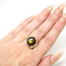Vintage Fire Agate Ring - Retro 14k Yellow Gold Iridescent Brown Statement - Circa 1960s Size 6 1/4 Daisy Flower Solitaire 60s Fine Jewelry
