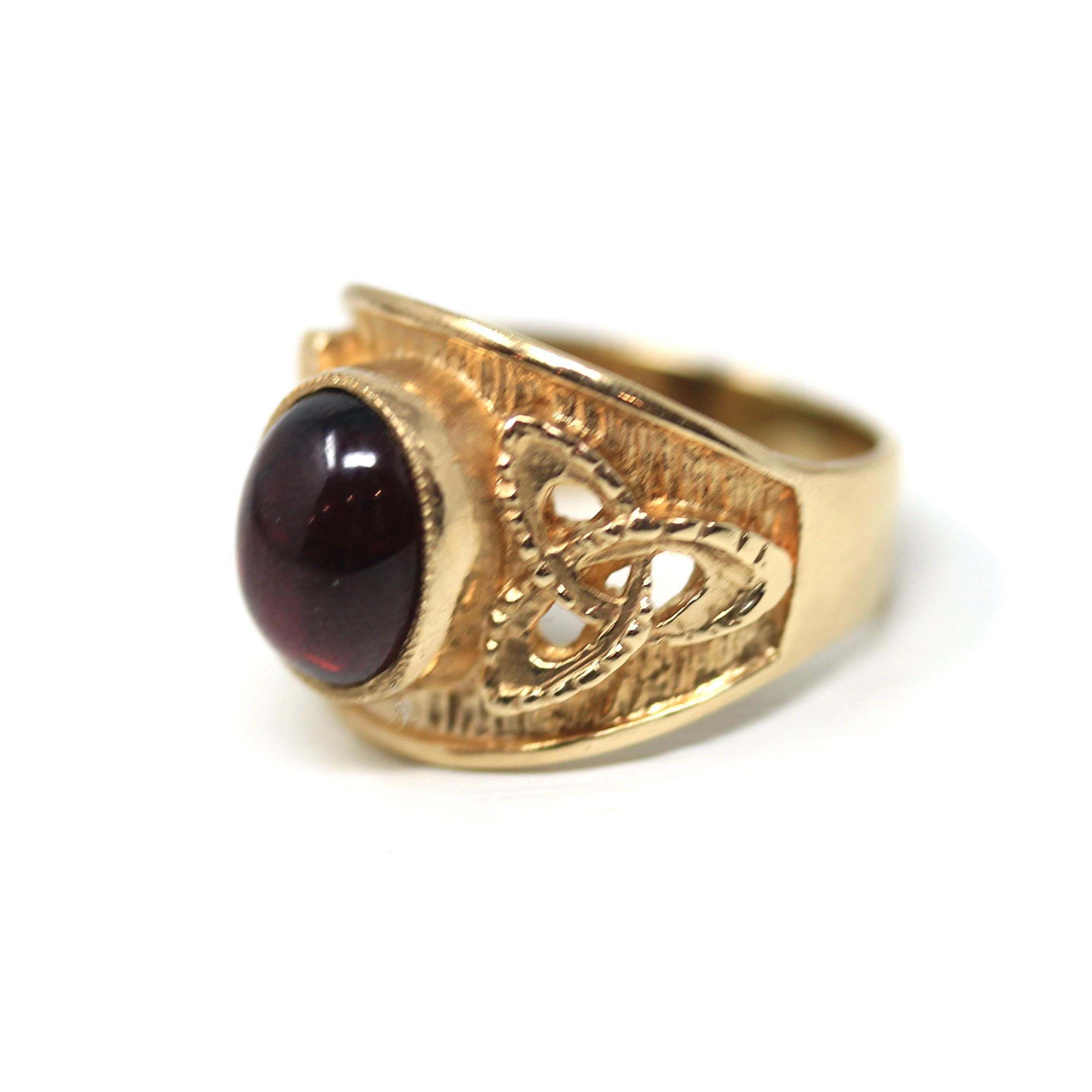 Celtic Garnet Ring - Modern 9k Yellow Gold Oval Natural Genuine Red Cabochon Gemstone - Estate Size 6 Knot Fine January Birthstone Jewelry