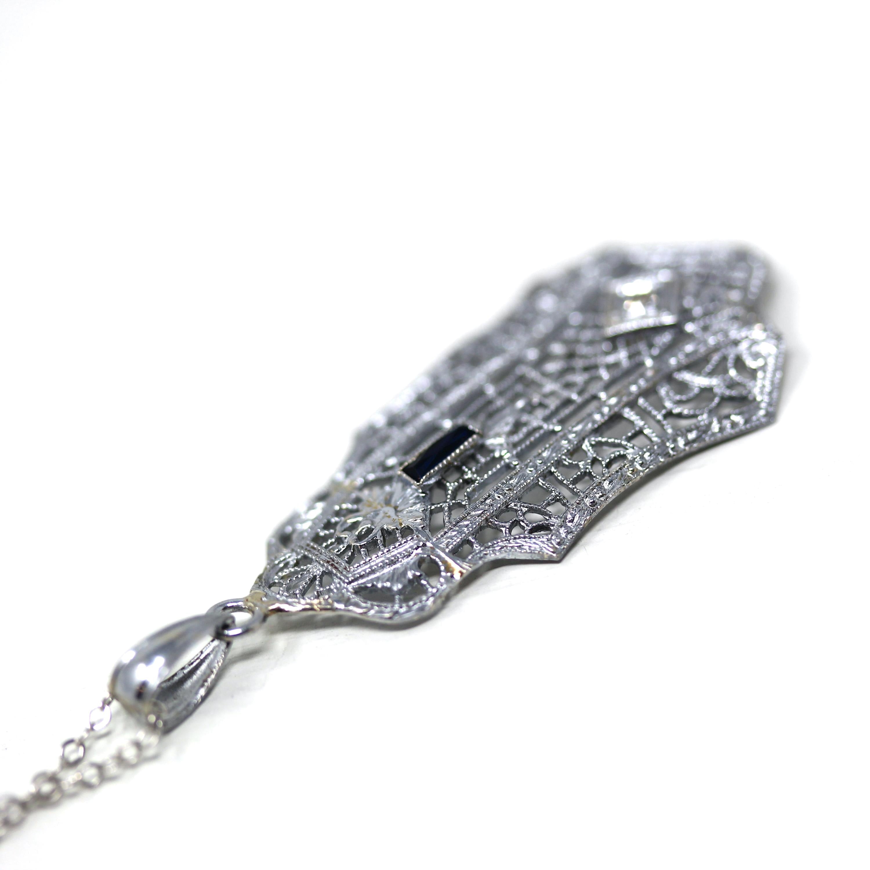 Art Deco Filigree Necklace - Vintage 10k White Gold Natural Diamond Blue Glass Pendant - Circa 1930s Statement Filigree Fine Fashion Jewelry