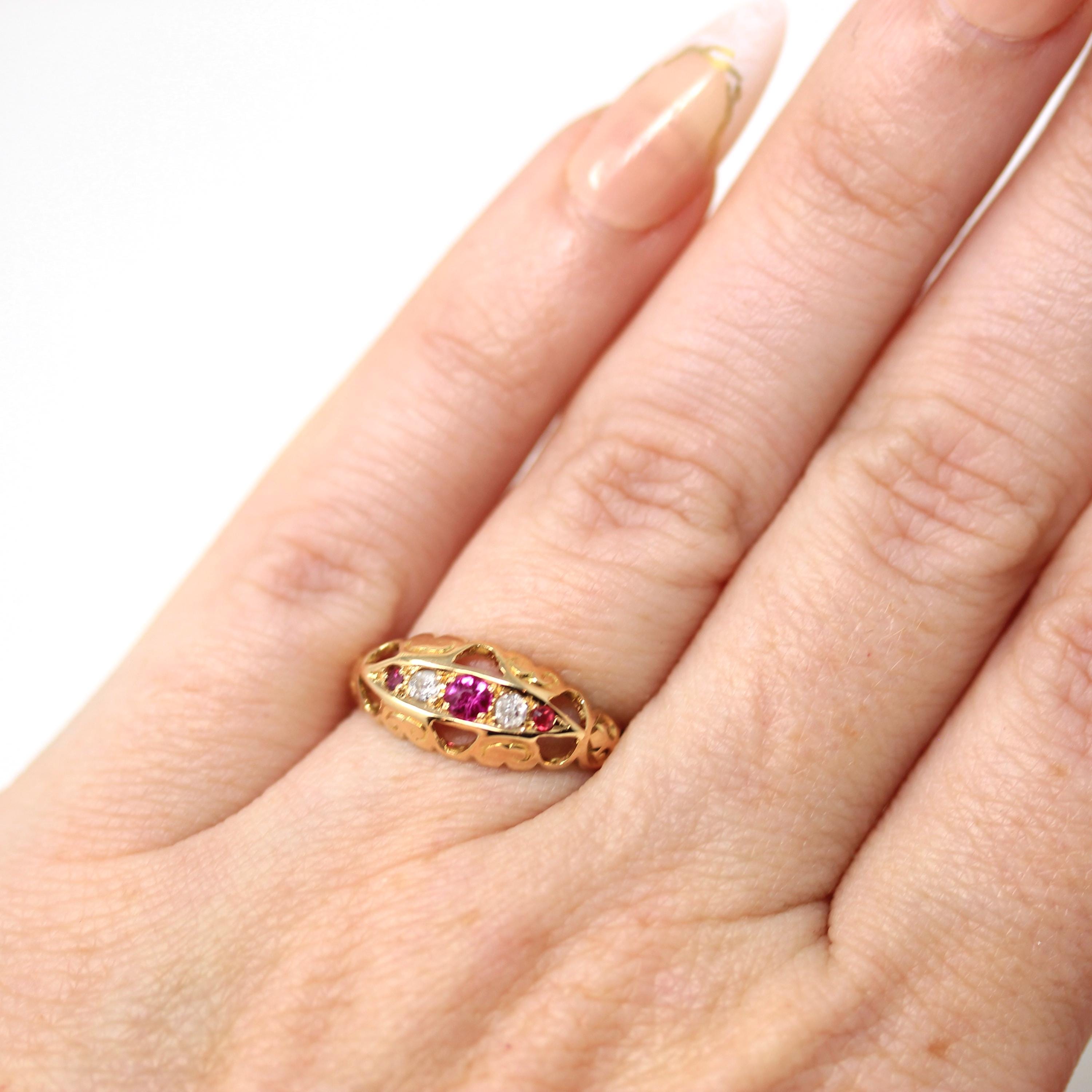 Antique Ruby & Diamond Ring - Edwardian 18k Yellow Gold Red Gemstone Anniversary Band - Circa 1900s Size 5 1/2 Fine English Bridal Jewelry