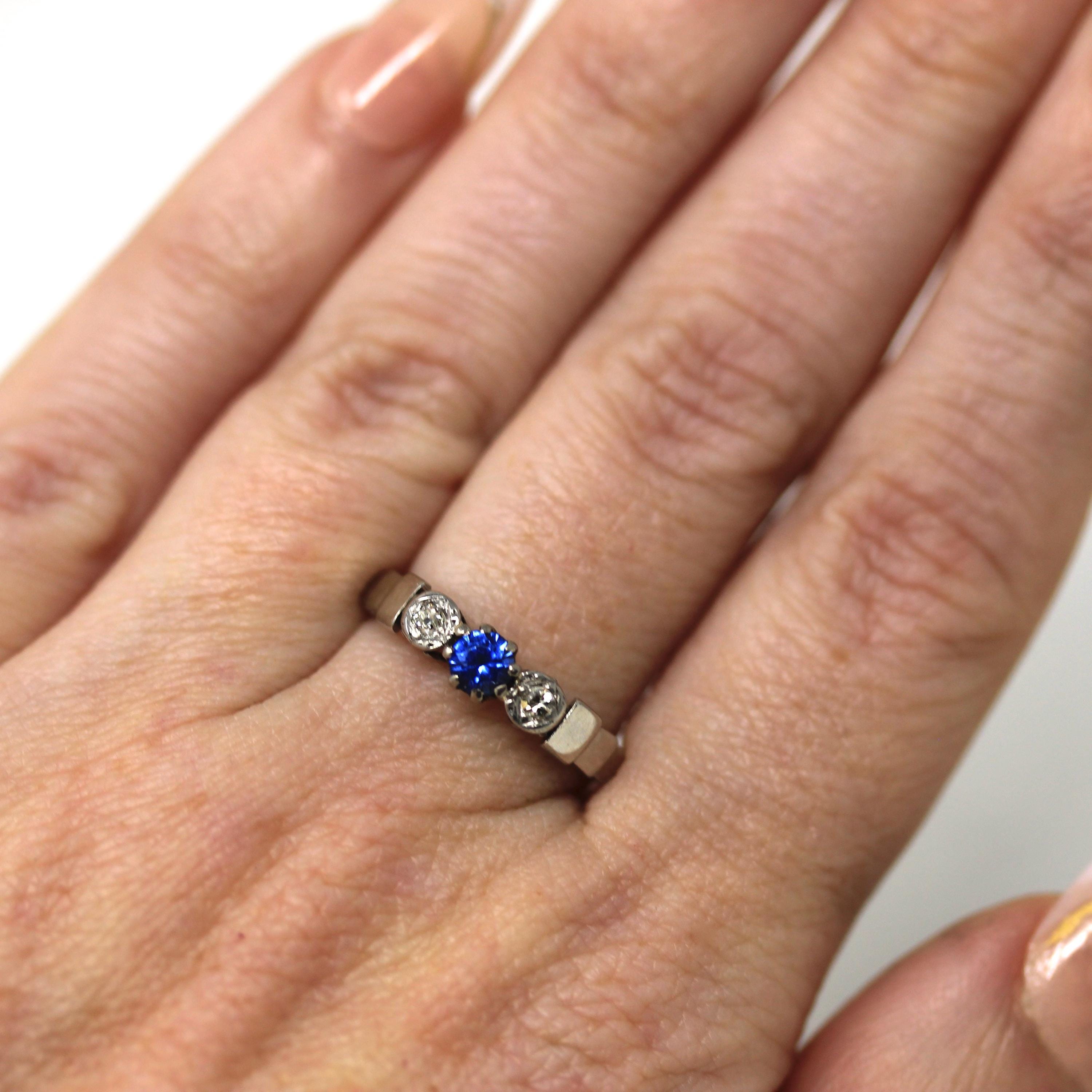 Created Sapphire & Diamond Ring - Mid Century 9k Yellow Gold and Platinum Blue Round Faceted Stone - Vintage 1950s Size 5 3/4 Fine Jewelry