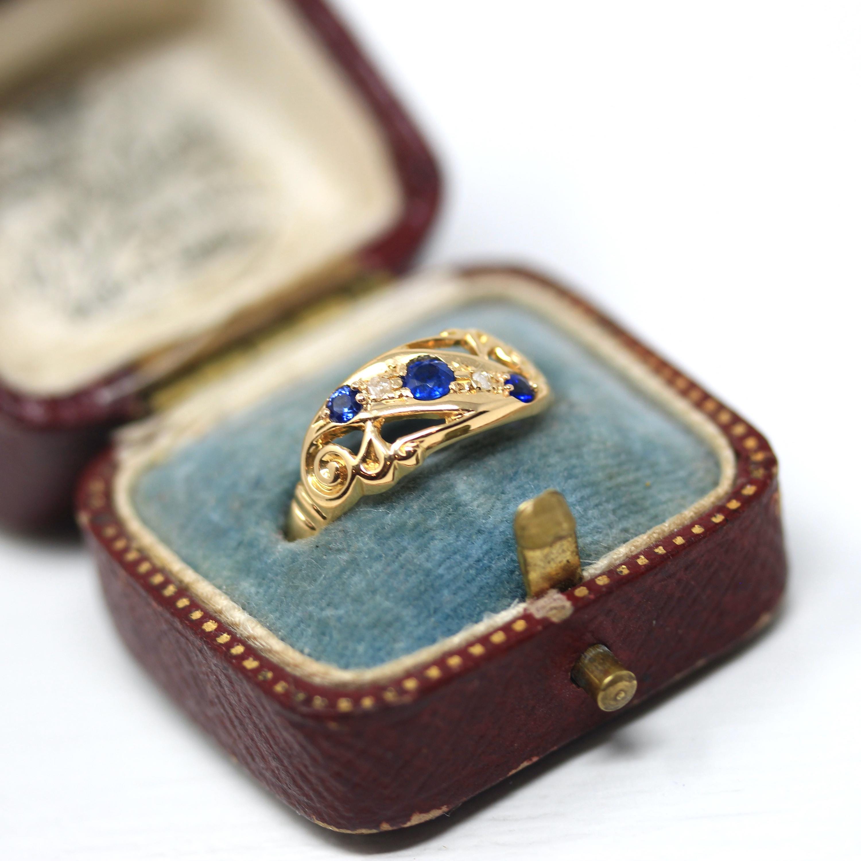 Antique Sapphire & Diamond Ring - Edwardian 18k Yellow Gold Blue Gemstone Band - Hallmark Date 1915 London England Size 6.5 Fine Jewelry