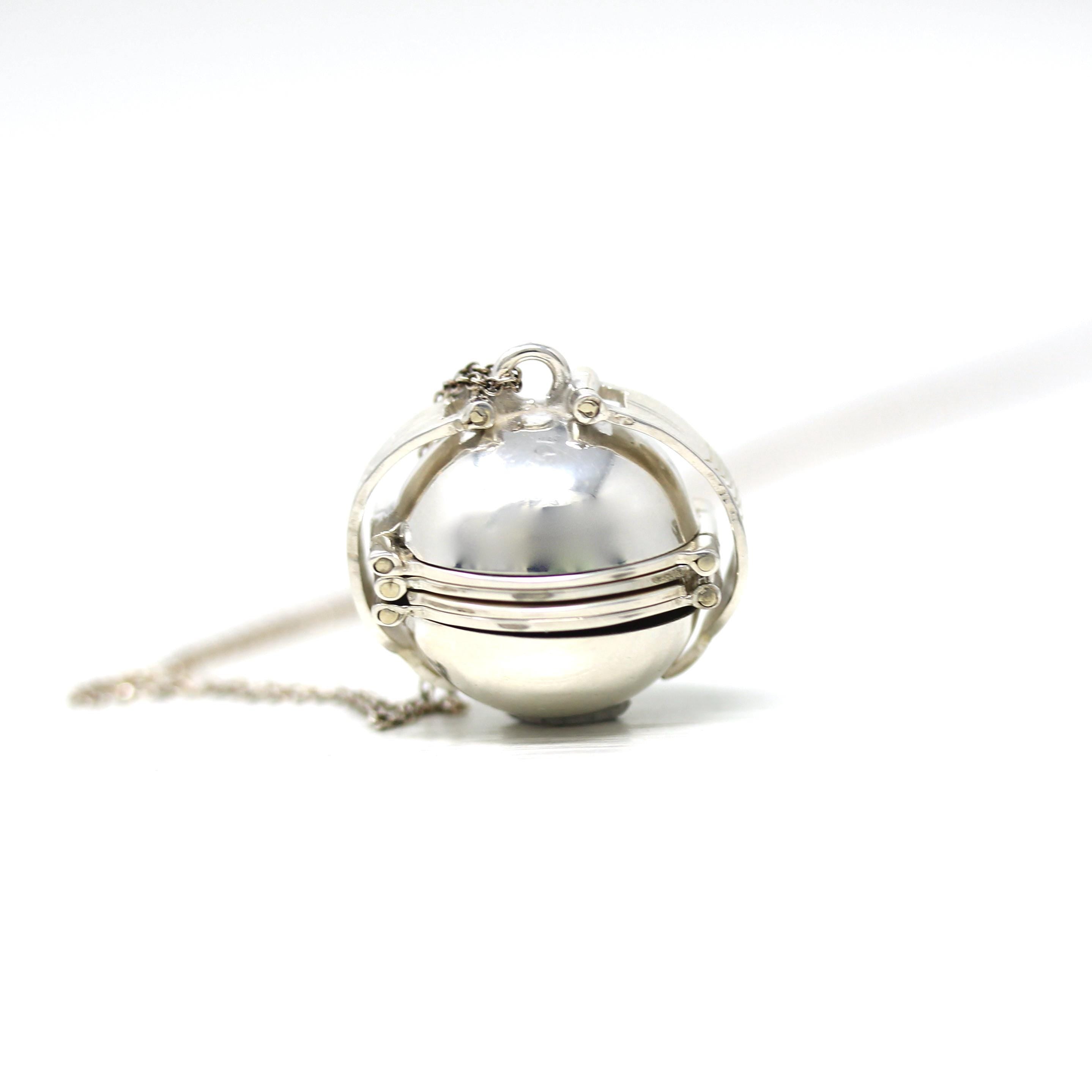Estate Ball Locket - Modern Sterling Silver Expanding Globe Fob Necklace - Vintage Hinged Compartment Sphere Pendant Open Metal Orb Jewelry