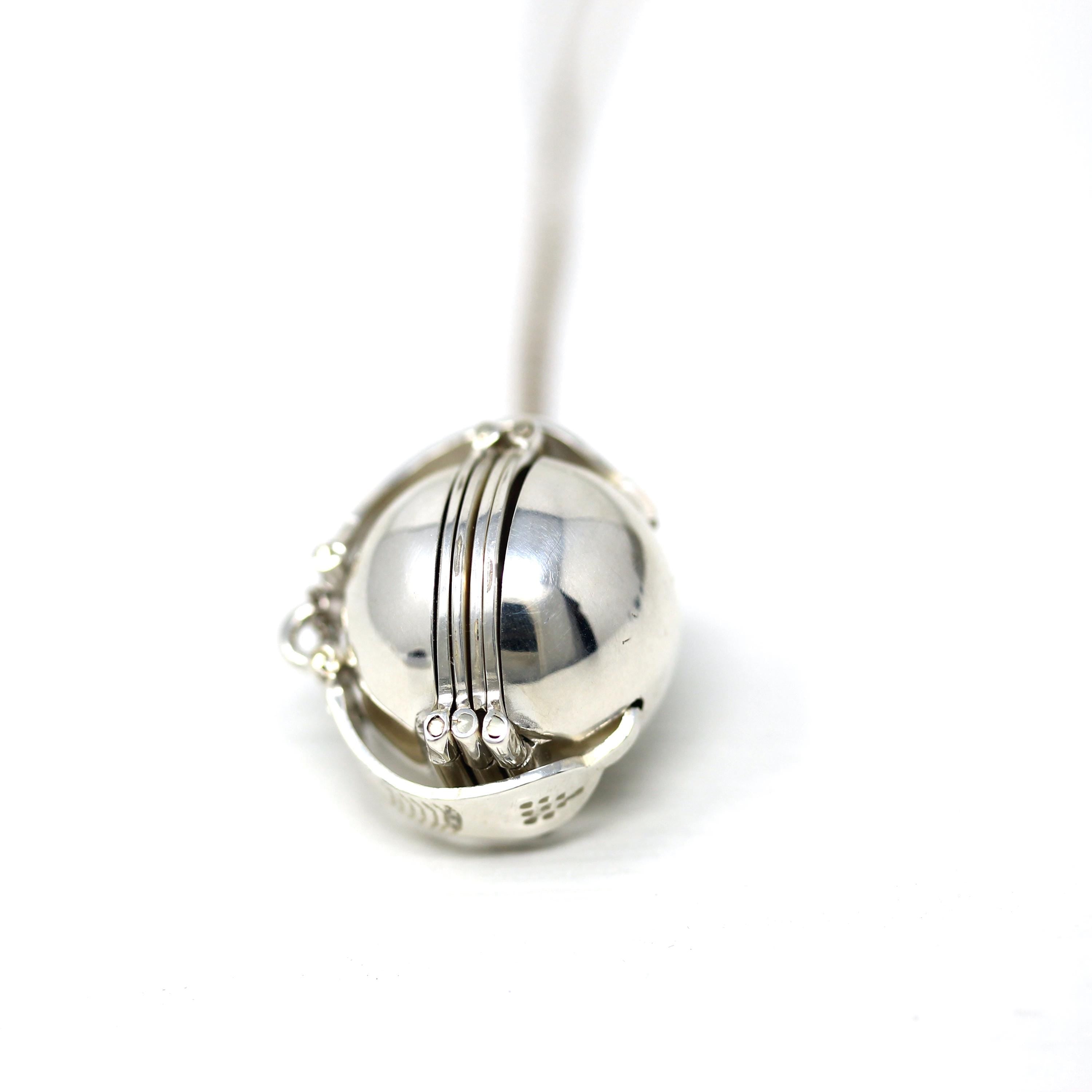 Estate Ball Locket - Modern Sterling Silver Expanding Globe Fob Necklace - Vintage Hinged Compartment Sphere Pendant Open Metal Orb Jewelry