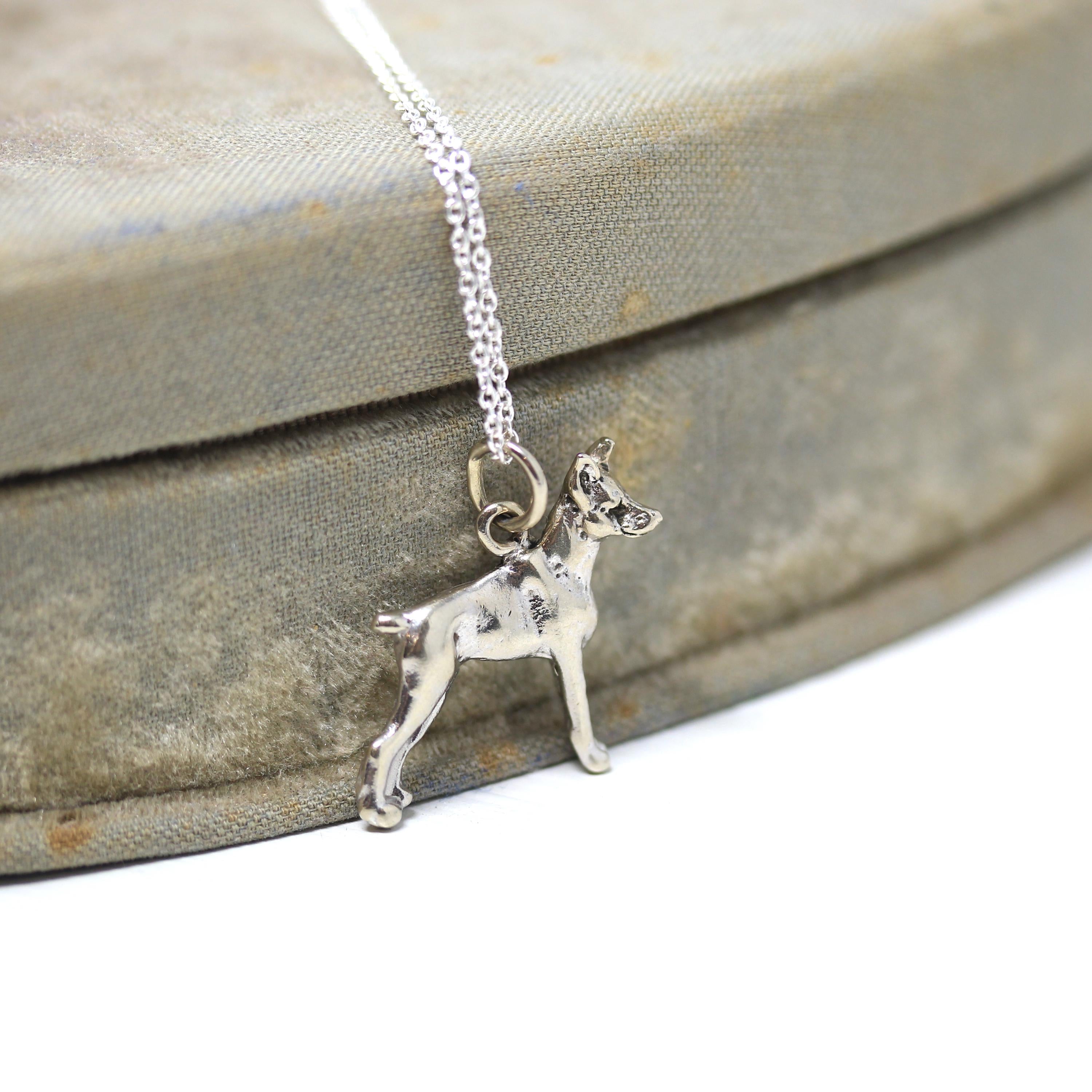 Vintage Doberman Charm - Retro Era 14k White Gold Figural Detailed Heavy Canine Dog Pendant Necklace Circa 1970s - Fine 70s Animal Jewelry
