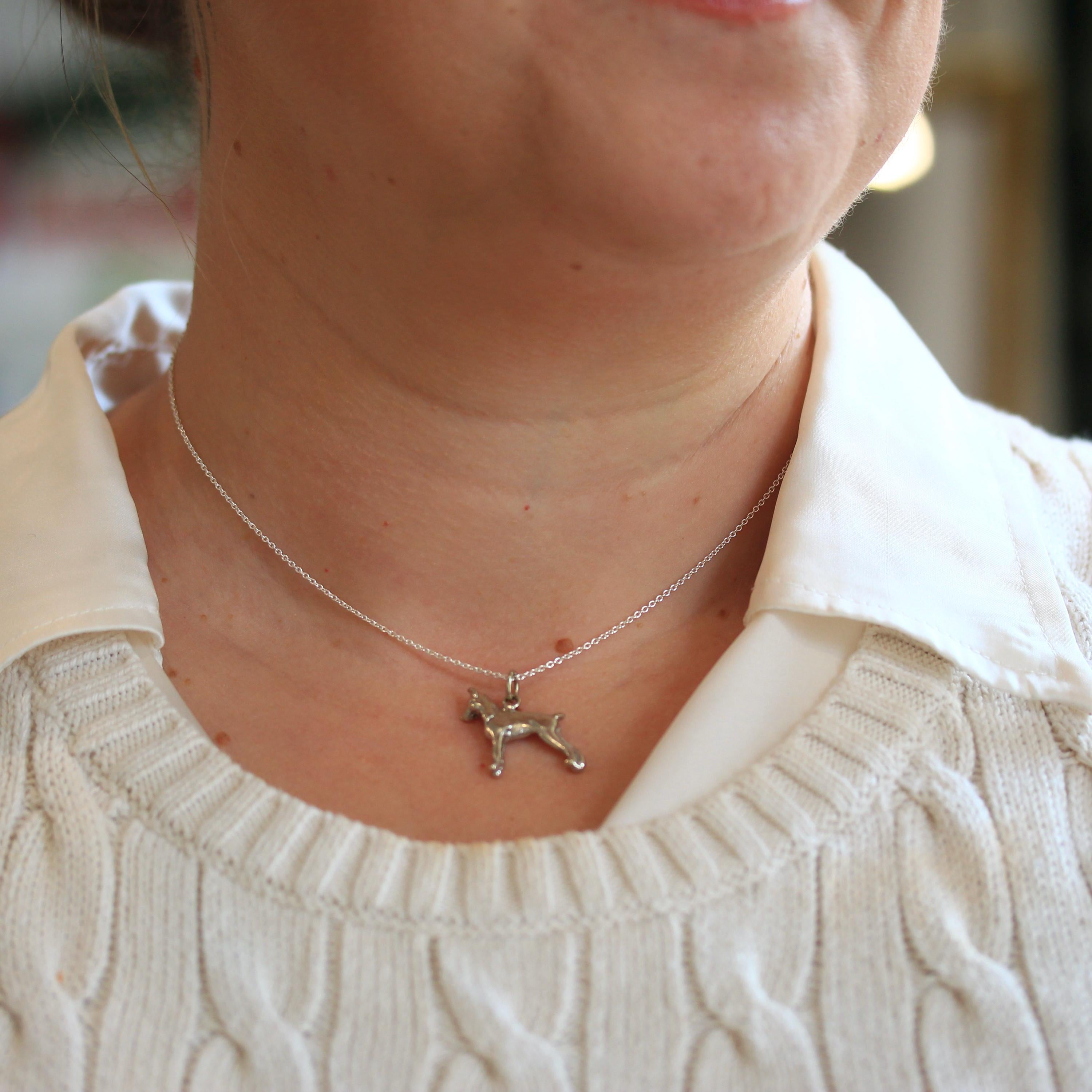 Vintage Doberman Charm - Retro Era 14k White Gold Figural Detailed Heavy Canine Dog Pendant Necklace Circa 1970s - Fine 70s Animal Jewelry