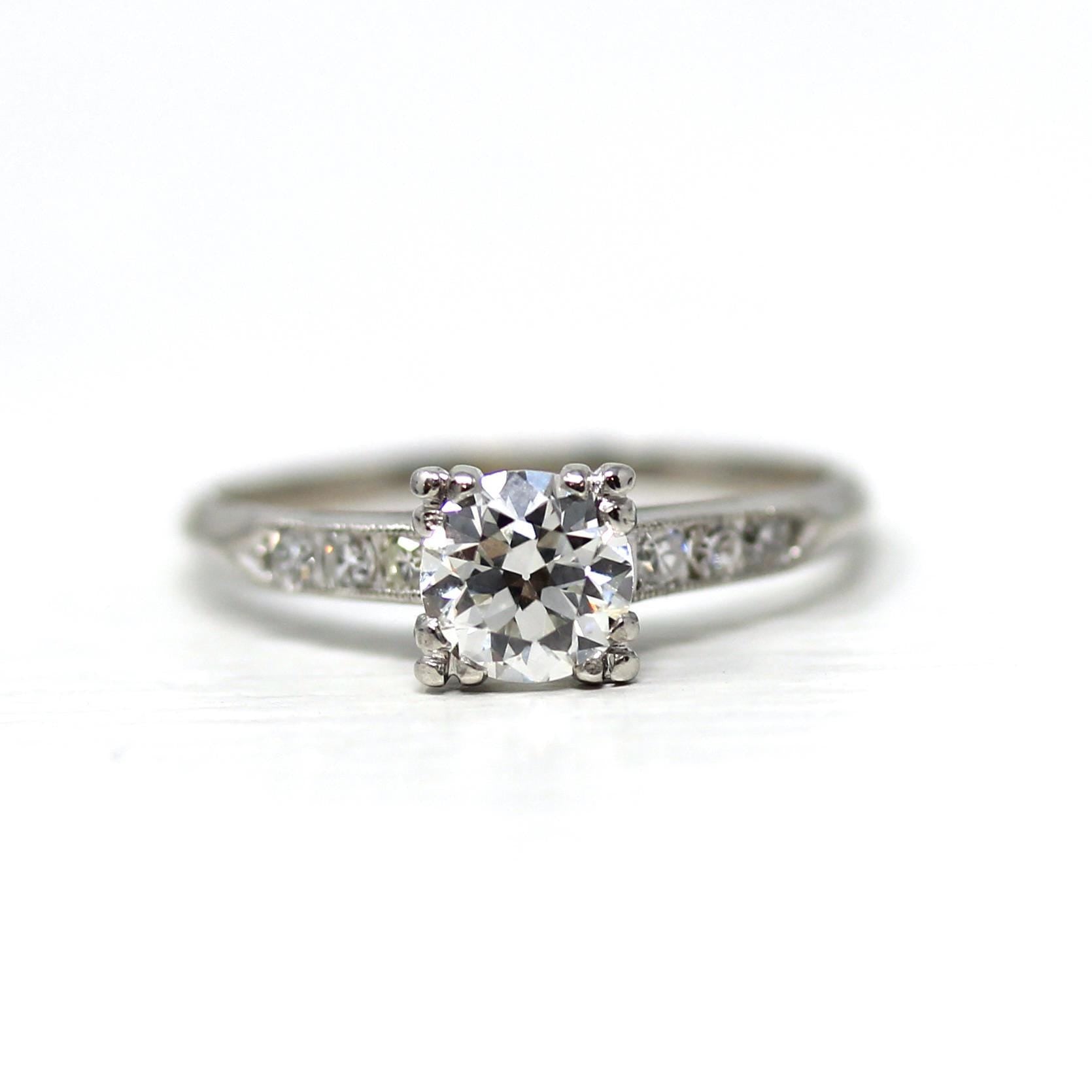 Vintage Engagement Ring - Platinum Old European Cut .89 CTW Natural Diamond - Size 7 Mid Century 1950s Era Fine Report Jewelry