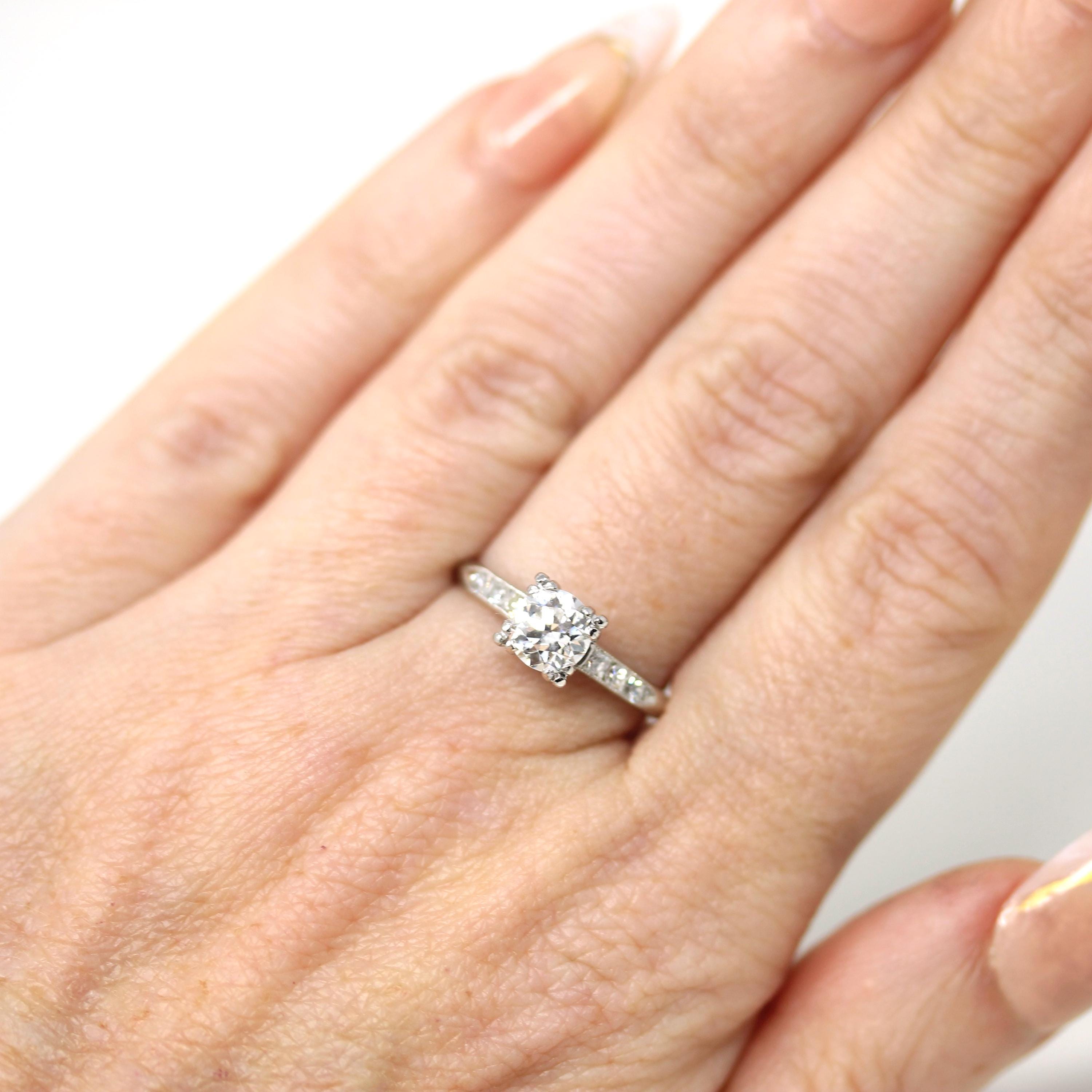 Vintage Engagement Ring - Platinum Old European Cut .89 CTW Natural Diamond - Size 7 Mid Century 1950s Era Fine Report Jewelry