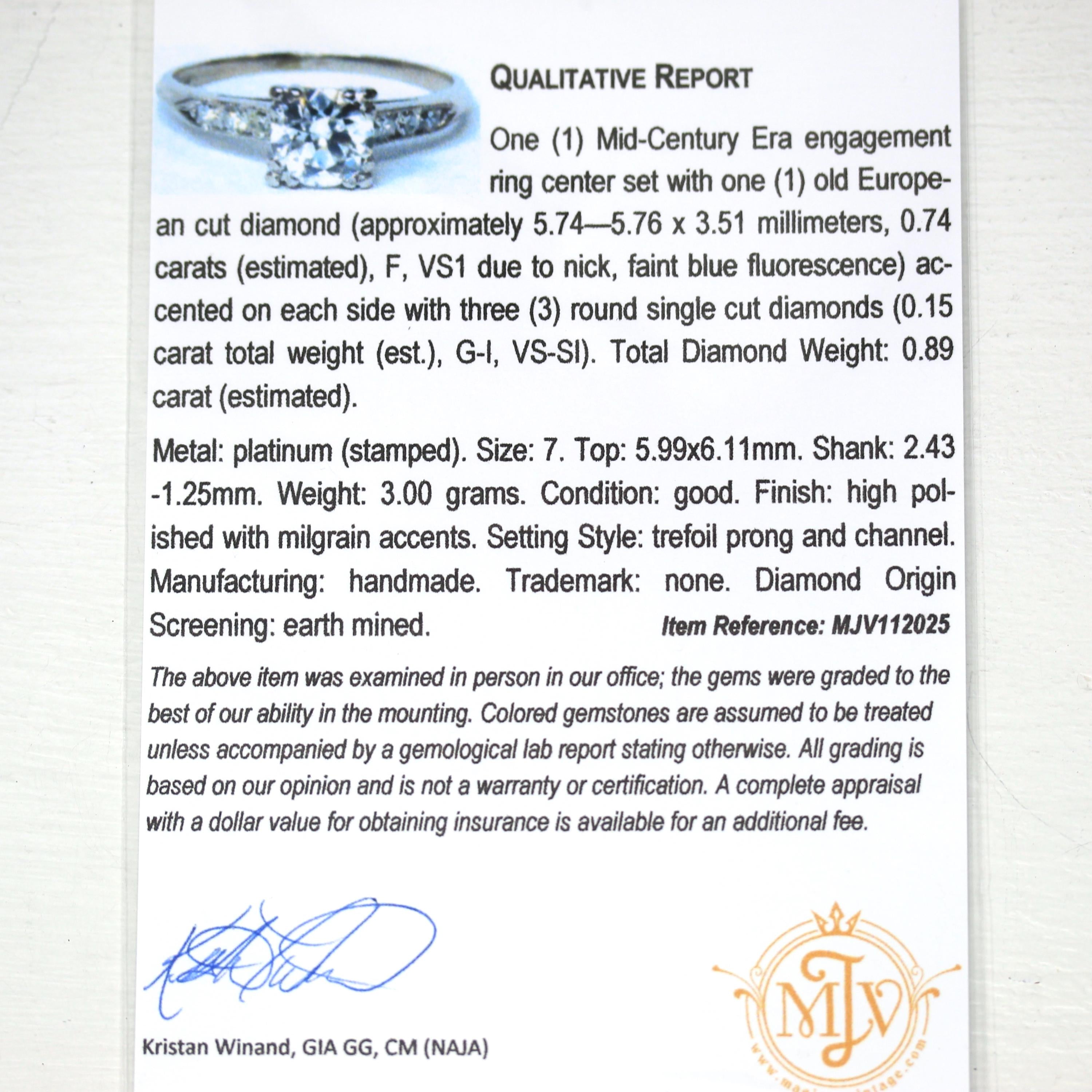 Vintage Engagement Ring - Platinum Old European Cut .89 CTW Natural Diamond - Size 7 Mid Century 1950s Era Fine Report Jewelry