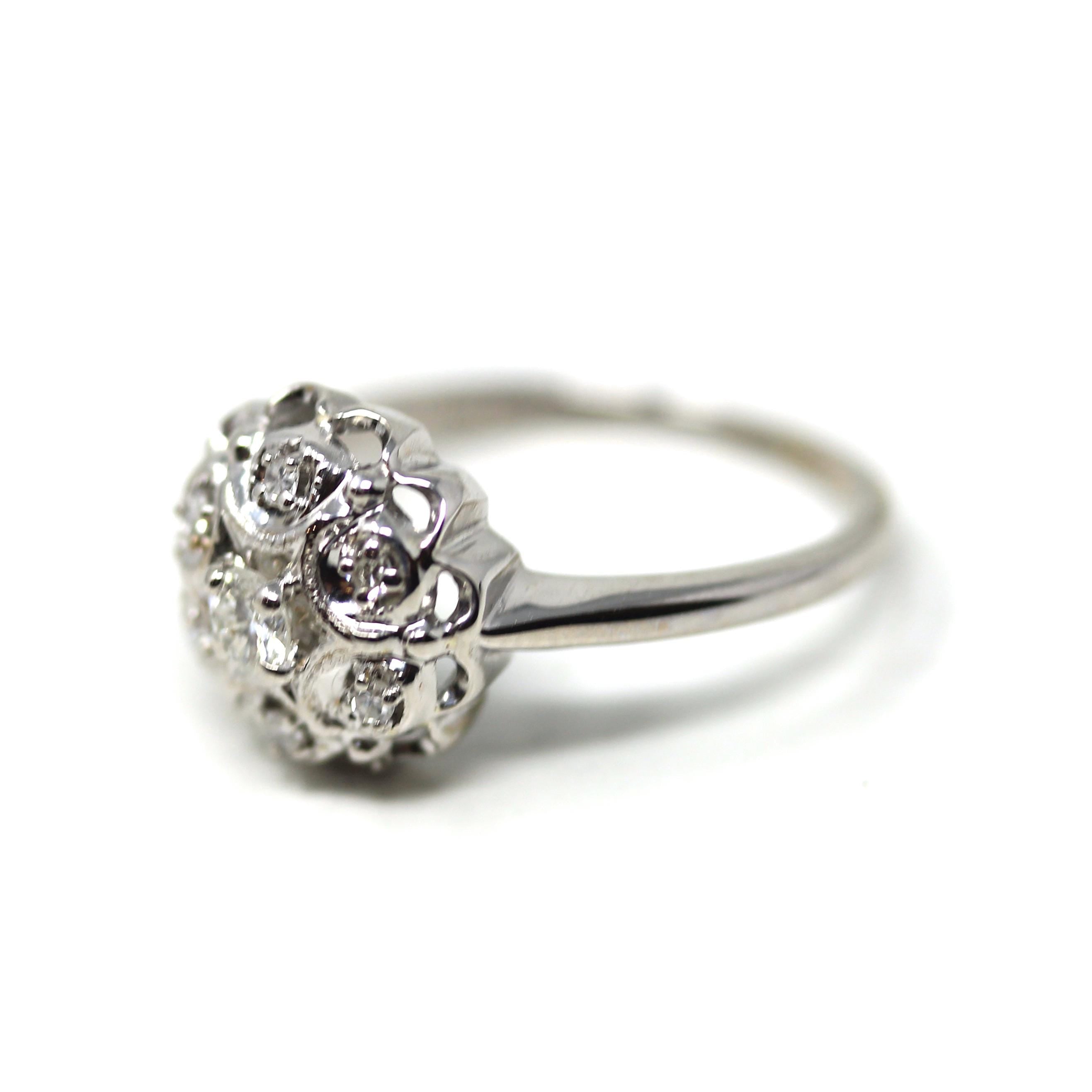 Diamond Cluster Ring - Mid Century 14k White Gold Genuine Natural Gemstones - Vintage Circa 1950s Size 7 Bridal Flower Halo Fine 50s Jewelry