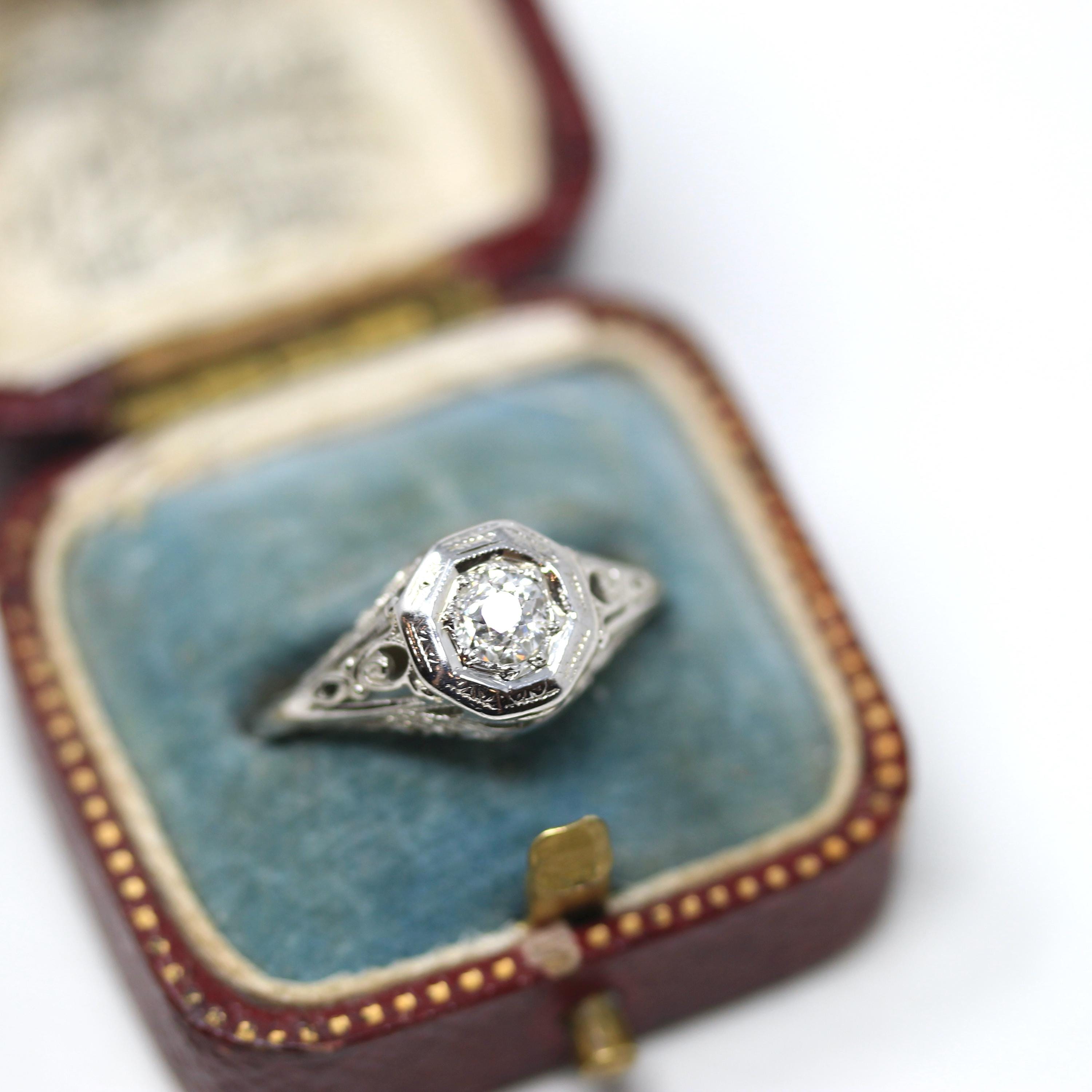 Vintage Diamond Ring - Art Deco 18k White Gold Natural Gemstone Solitaire - Circa 1930s Era Size 5 1/4 Filigree Octagonal Fine 30s Jewelry