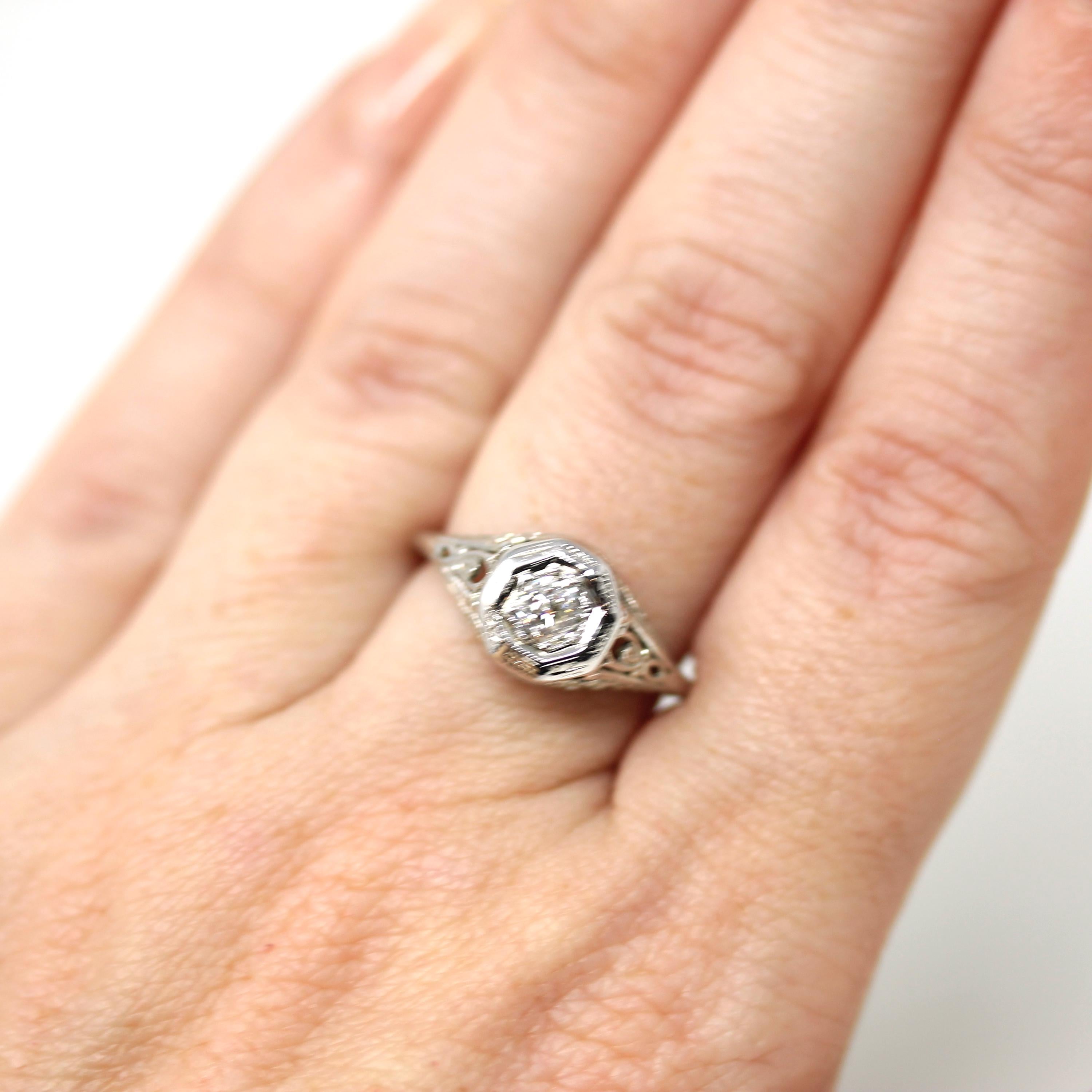 Vintage Diamond Ring - Art Deco 18k White Gold Natural Gemstone Solitaire - Circa 1930s Era Size 5 1/4 Filigree Octagonal Fine 30s Jewelry