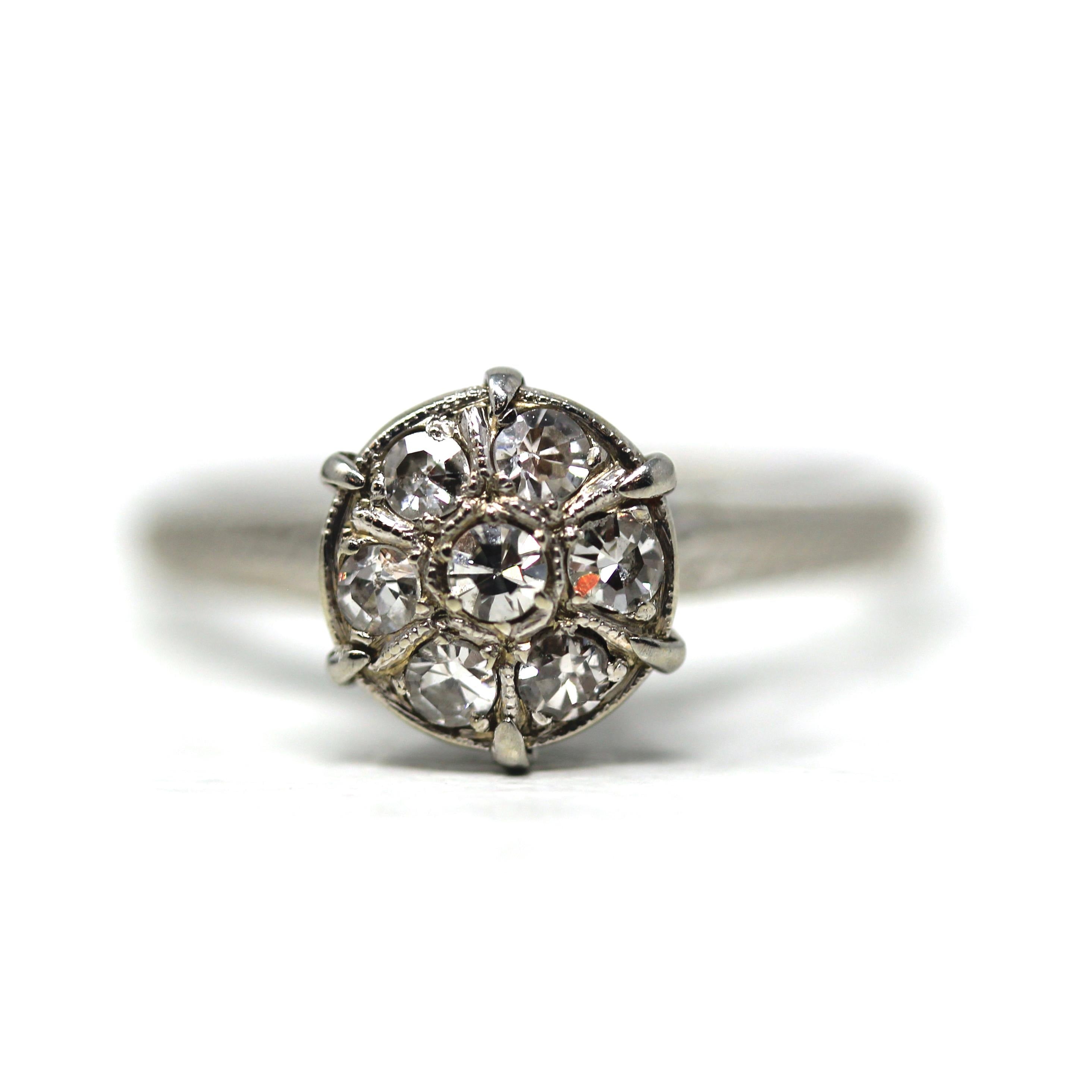 Diamond Cluster Ring - Art Deco 18k White Gold Basket Filigree Genuine Natural Gems Engagement - Vintage 1930s Size 7 Bridal Fine Jewelry