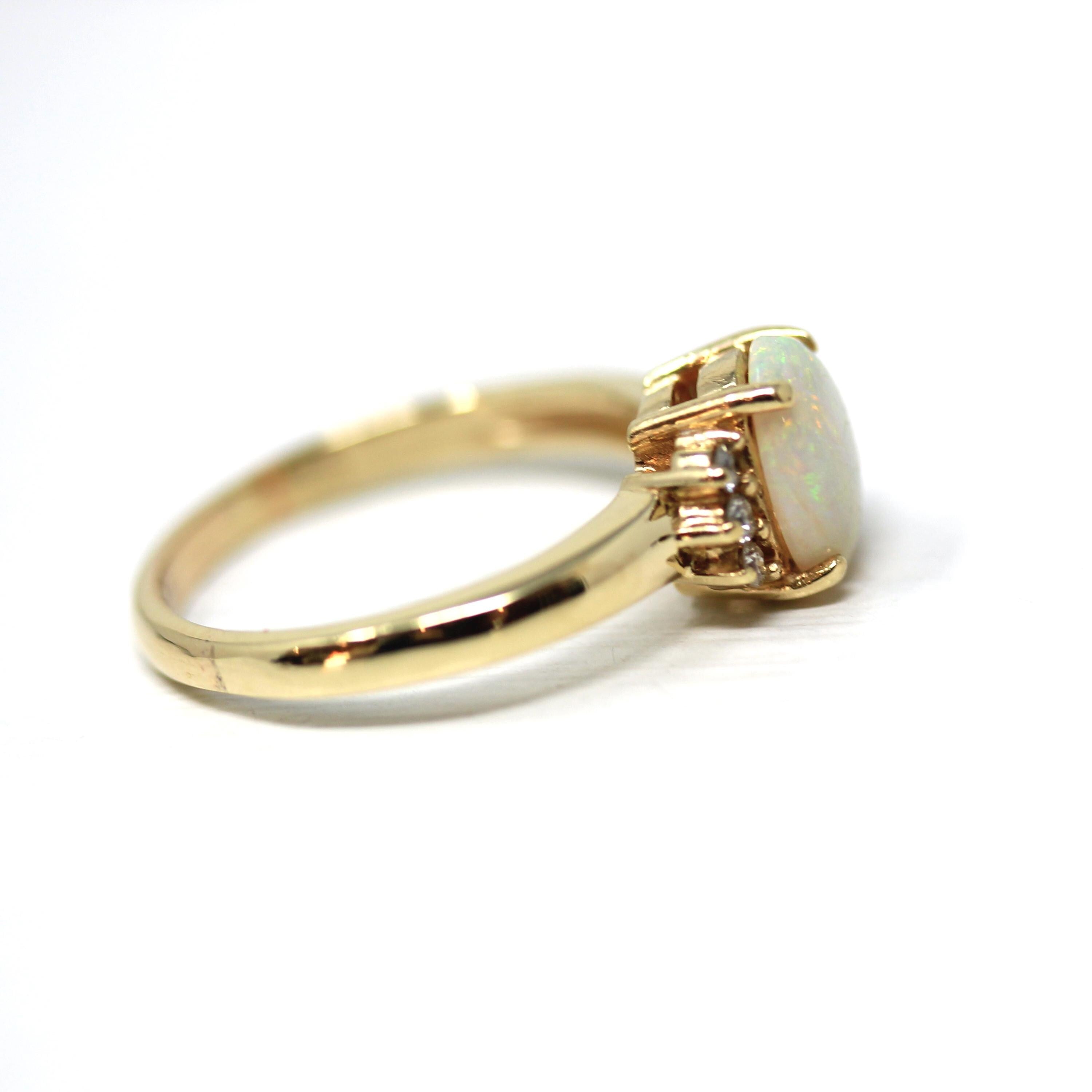 Opal & Diamond Ring - Modern 9ct Yellow Gold Oval Cut October Birthstone Gemstone - Circa 2000's Era Size 6 Fine Estate Statement Jewelry