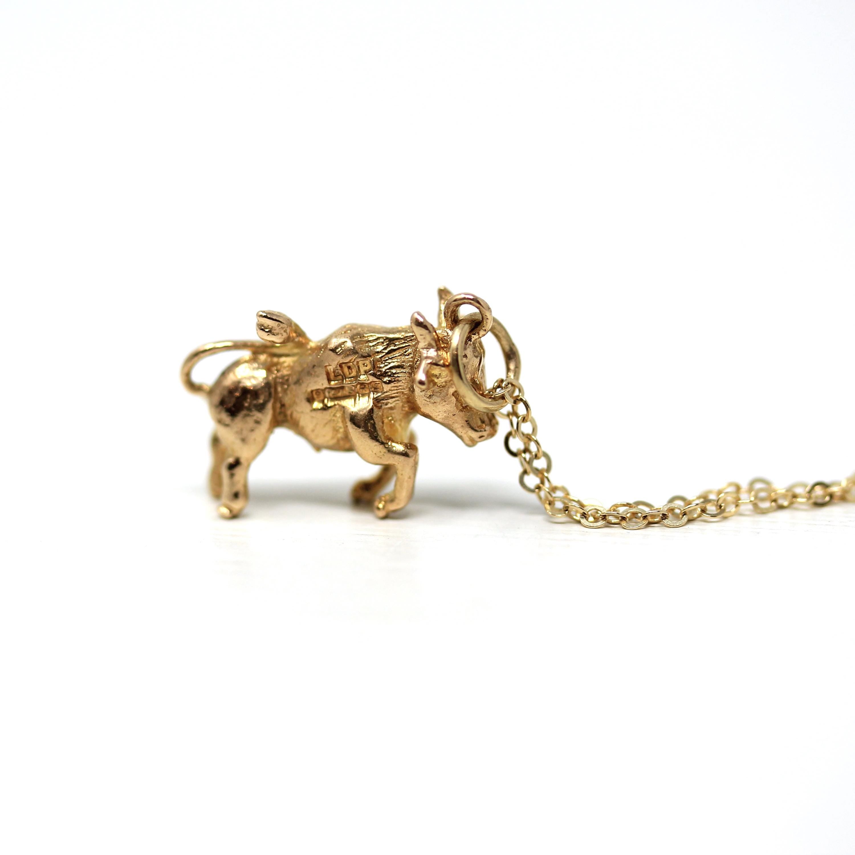 Vintage Taurus Charm - Retro Era 9k Yellow Gold Dainty Figural Bull Pendant Necklace - Hallmark Date 1967 Astrological Fine Zodiac Jewelry