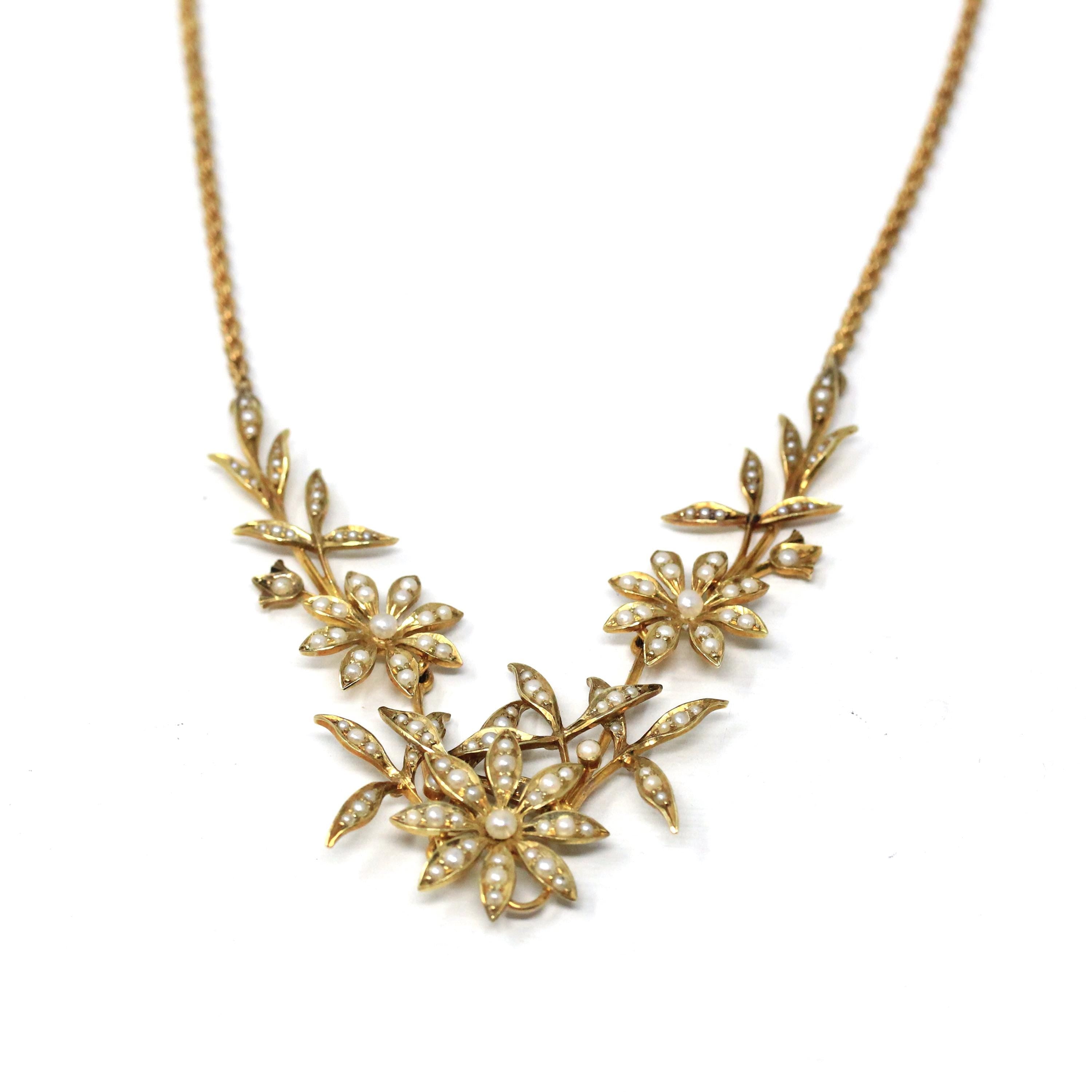 Antique Flower Necklace - Edwardian 15CT English Yellow Gold & Seed Pearl Floral Collar - Circa 1910s June Birthstone Statement Fine Jewelry