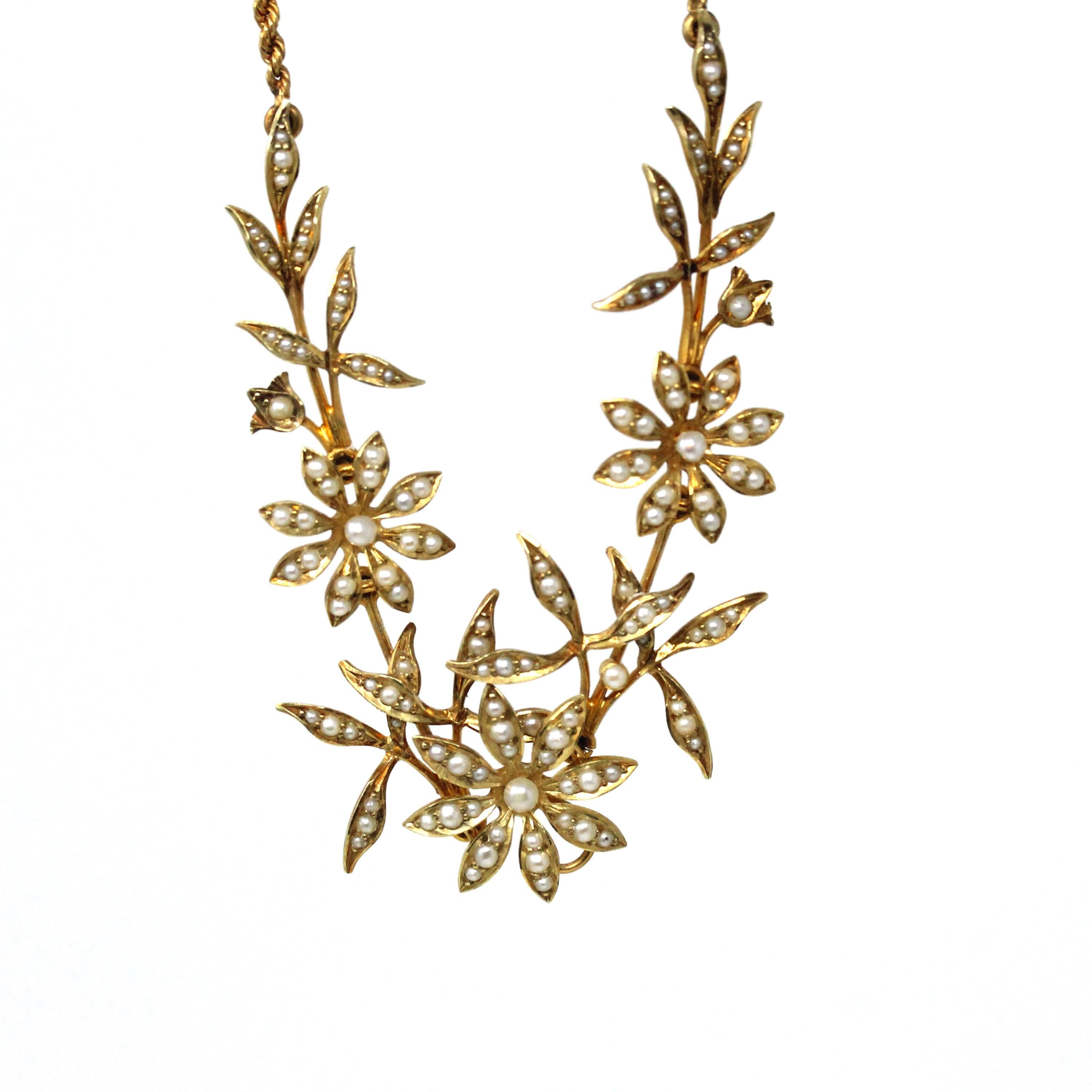 Antique Flower Necklace - Edwardian 15CT English Yellow Gold & Seed Pearl Floral Collar - Circa 1910s June Birthstone Statement Fine Jewelry