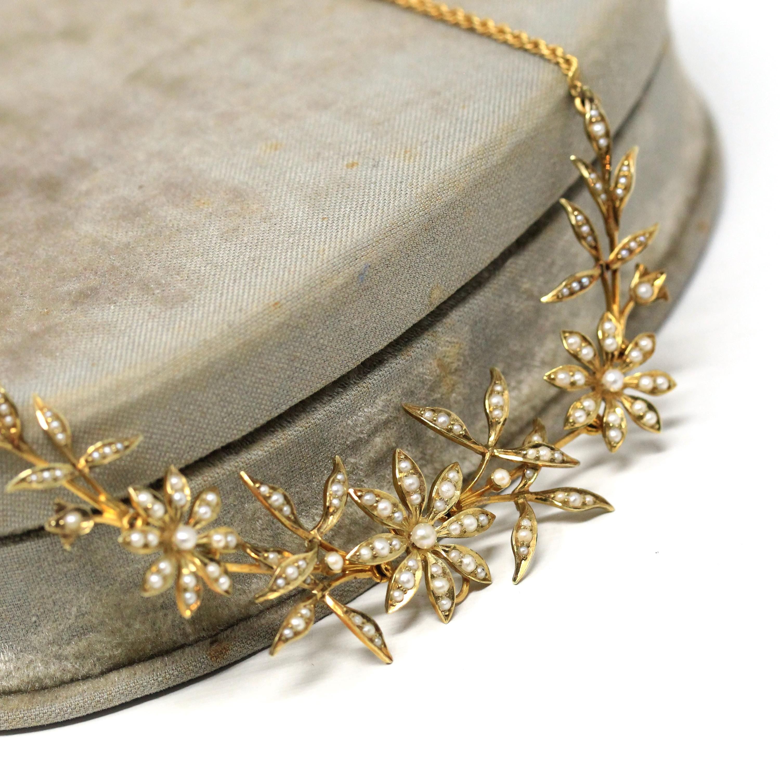 Antique Flower Necklace - Edwardian 15CT English Yellow Gold & Seed Pearl Floral Collar - Circa 1910s June Birthstone Statement Fine Jewelry