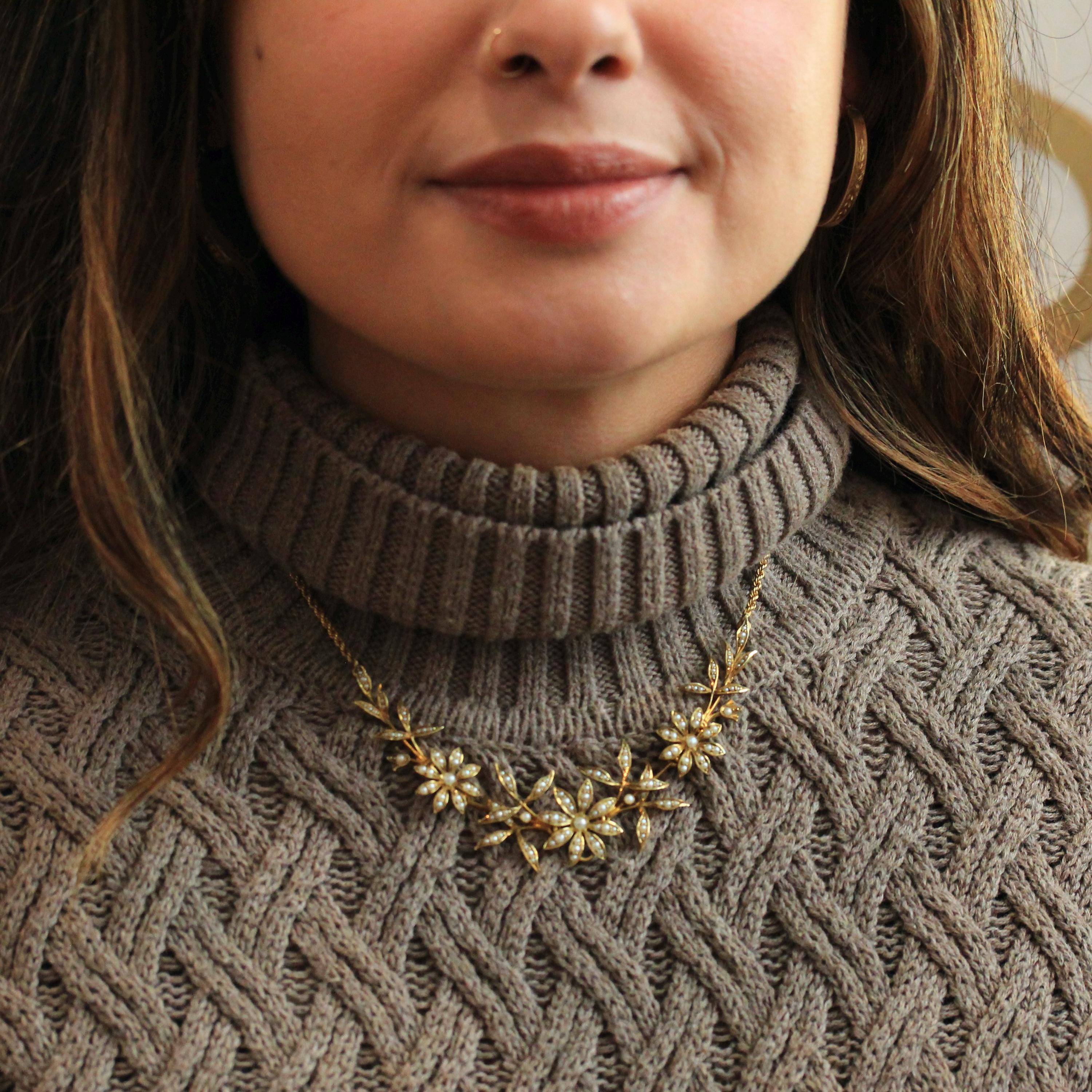 Antique Flower Necklace - Edwardian 15CT English Yellow Gold & Seed Pearl Floral Collar - Circa 1910s June Birthstone Statement Fine Jewelry