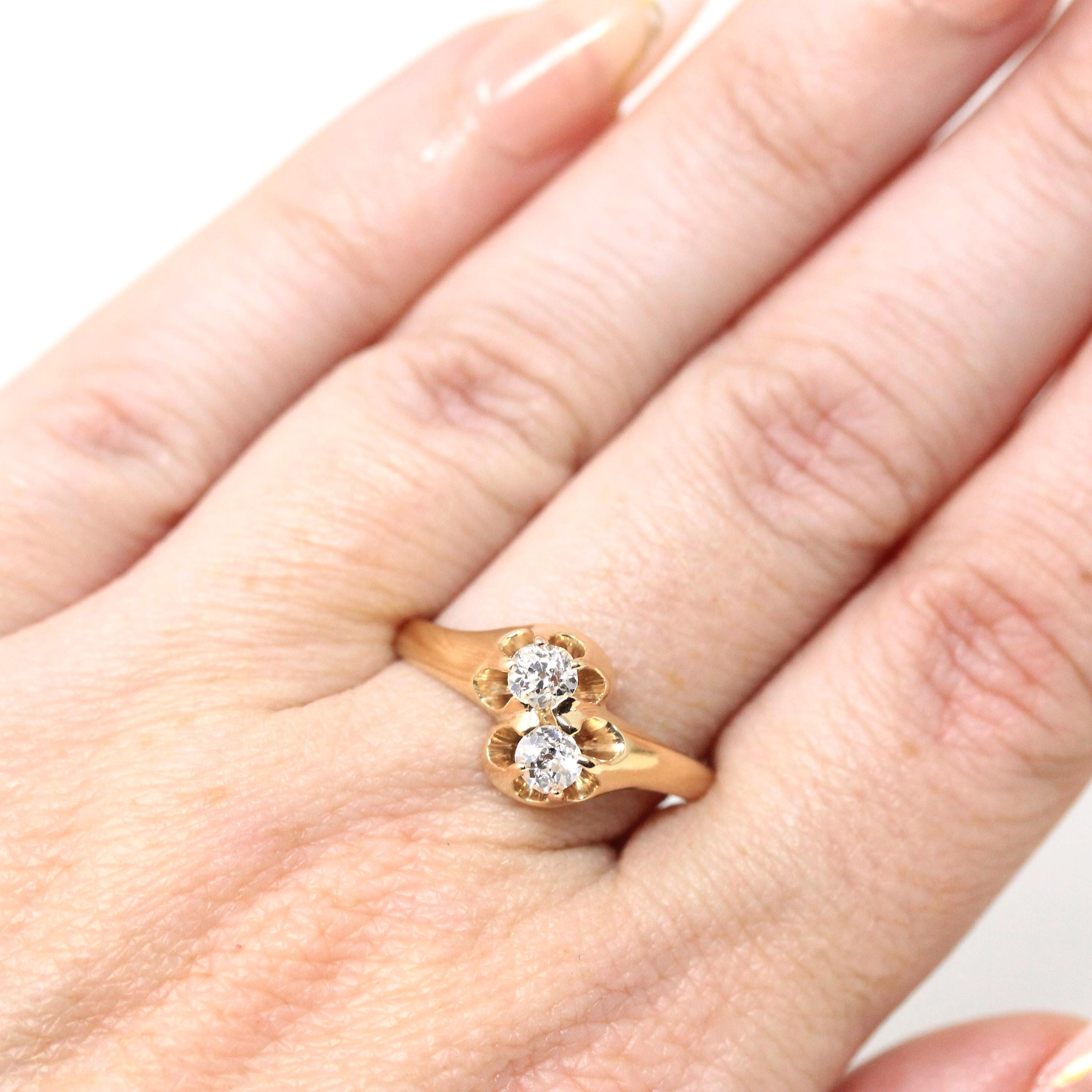 Diamond Toi Et Moi Ring - Edwardian Era 14k Yellow Gold Natural .33 CTW Old Mine Cut Bypass - Size 8.5 Fine Bridal April Birthstone Jewelry