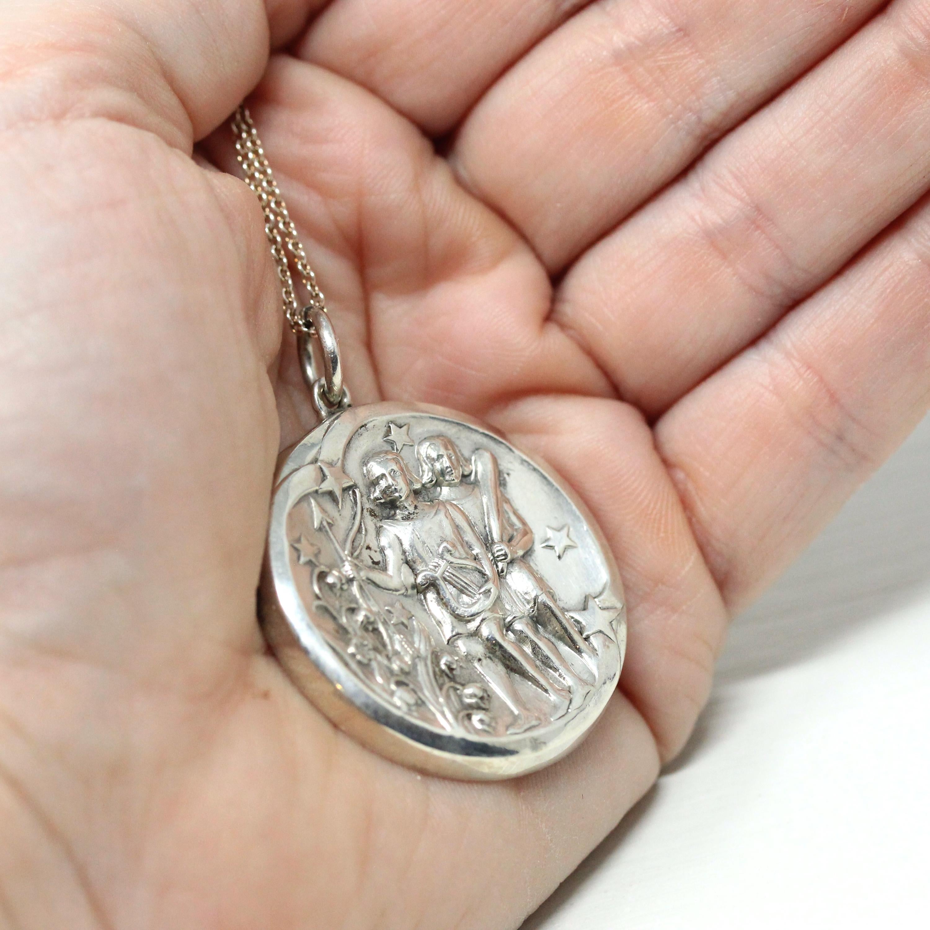 Vintage Gemini Pendant - Retro Era Sterling Silver Raised Hollow Design Twins Round Pendant - Circa 1960s Georg Jensen 306 Zodiac Jewelry