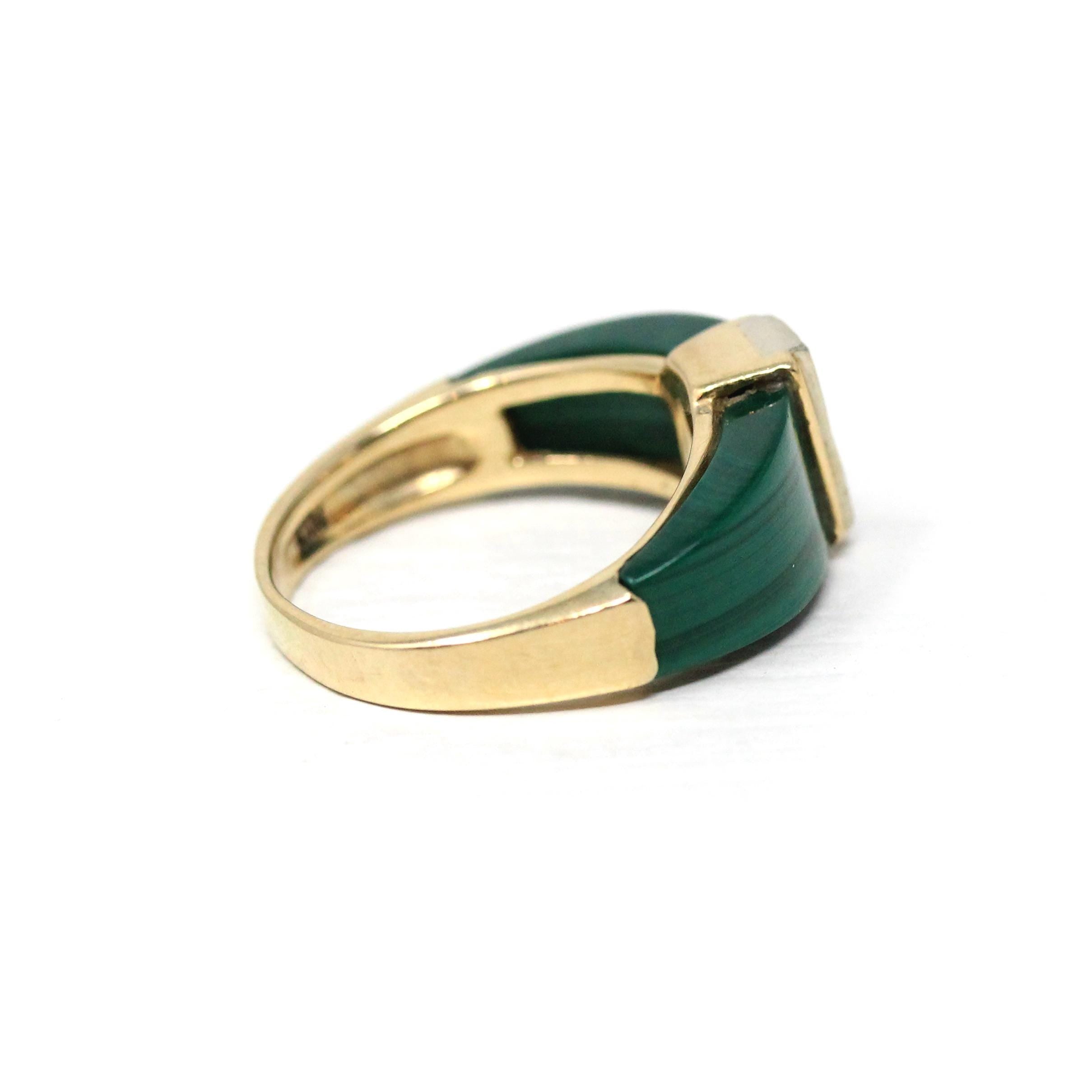 Vintage Malachite Ring - Retro 14k Yellow Gold Natural Green Gemstone Genuine Diamond - Circa 1970s Size 4 3/4 Statement Fine 70s Jewelry