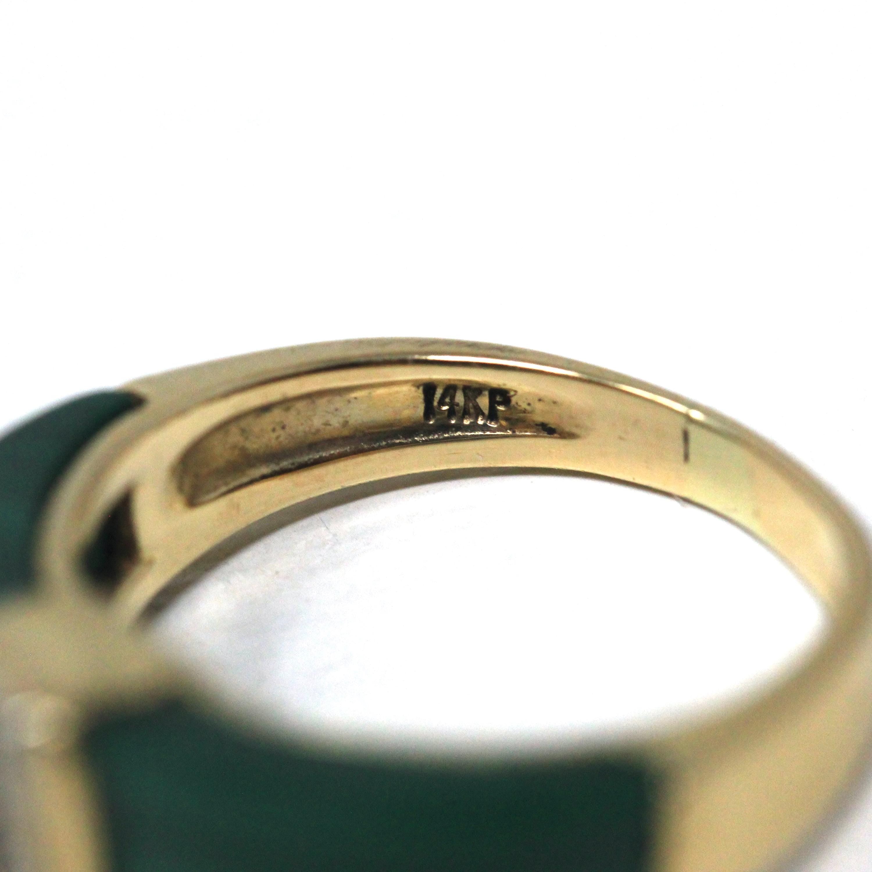 Vintage Malachite Ring - Retro 14k Yellow Gold Natural Green Gemstone Genuine Diamond - Circa 1970s Size 4 3/4 Statement Fine 70s Jewelry