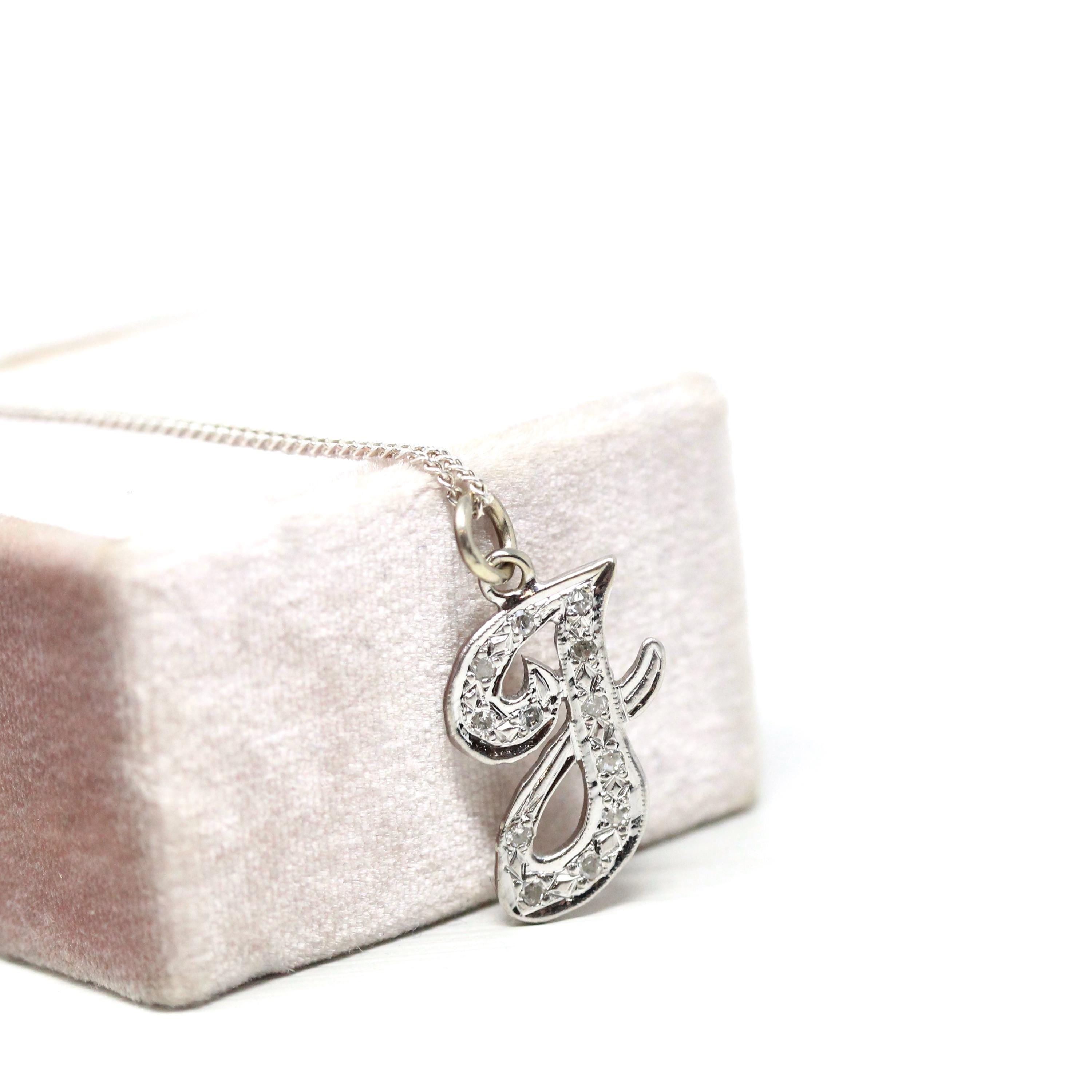 Letter "J" Necklace - Estate 14k White Gold Initial Natural Genuine Diamonds - Modern Circa 2000s Personal Name Script Chain Fine Jewelry