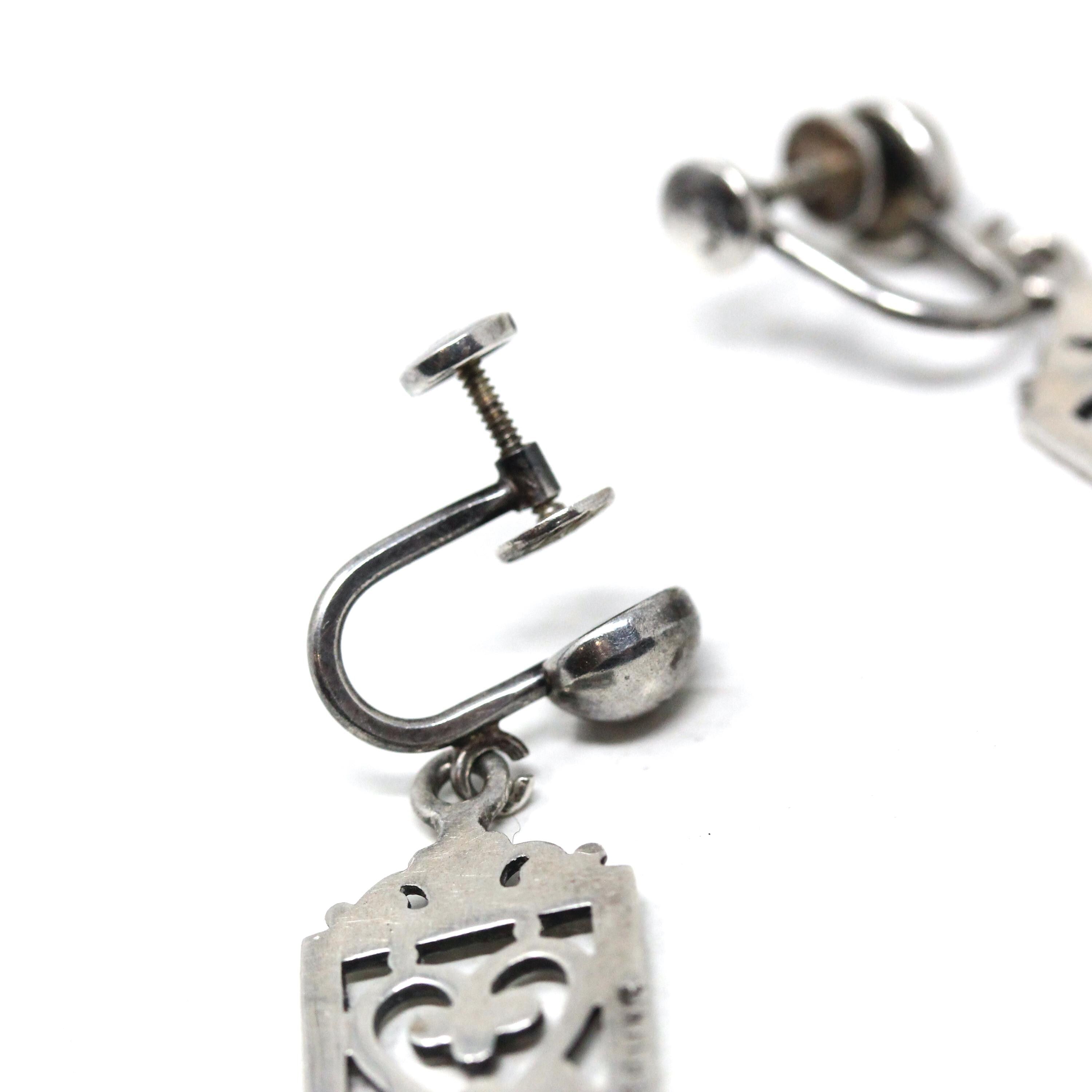 Vintage Floral Earrings - Retro Sterling Silver Dangle Drop Non-Pierced Screw Backs- Circa 1960s Era Open Metal Filigree Flower 60's Jewelry