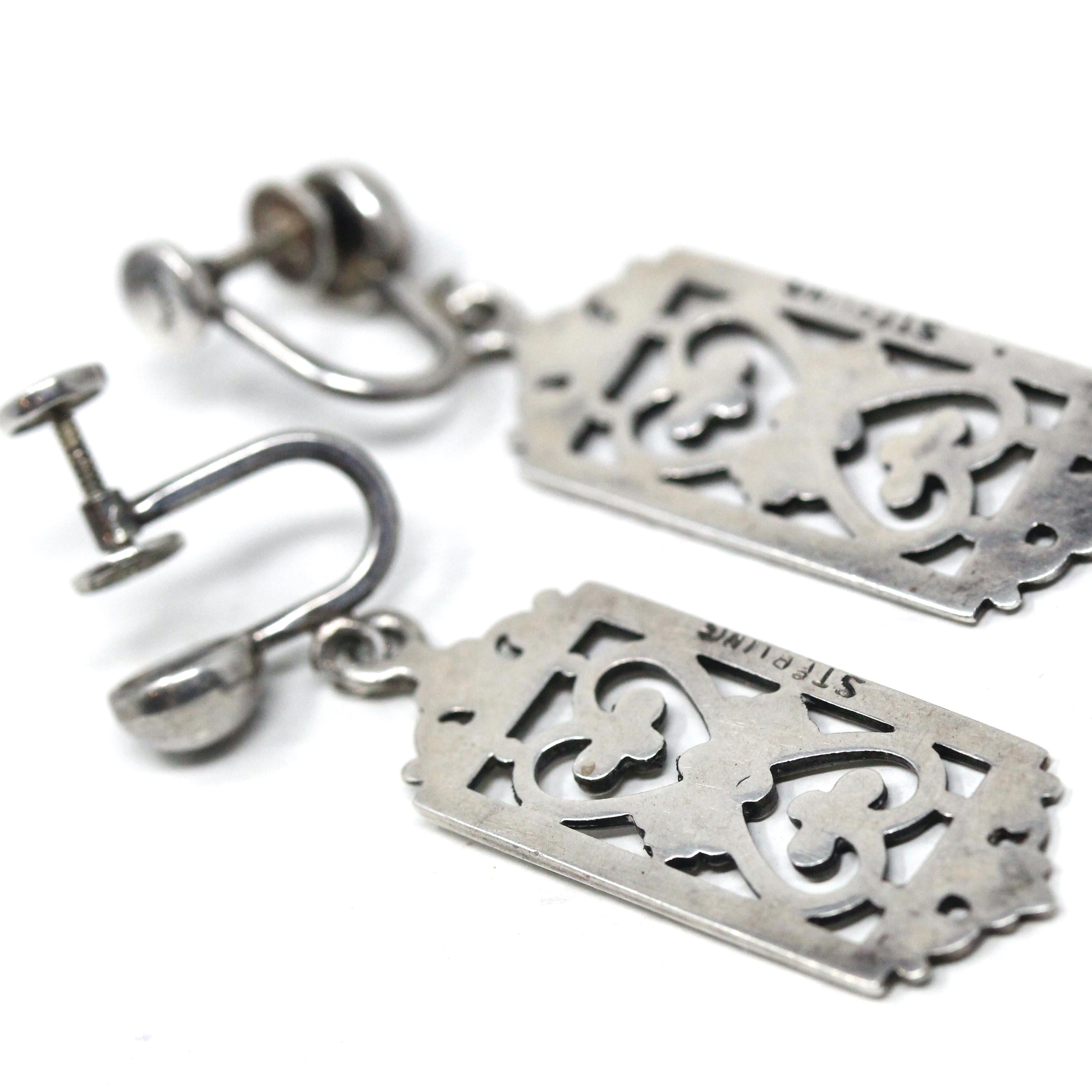 Vintage Floral Earrings - Retro Sterling Silver Dangle Drop Non-Pierced Screw Backs- Circa 1960s Era Open Metal Filigree Flower 60's Jewelry