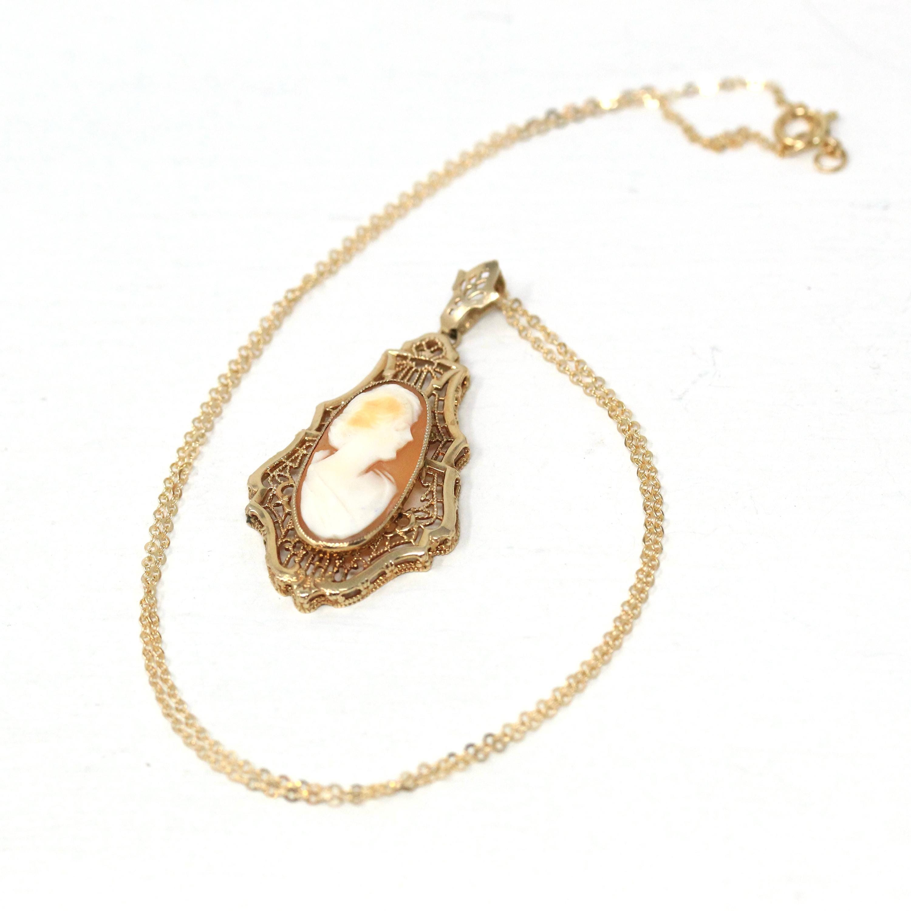Vintage Cameo Necklace - Retro 10k Yellow Gold Oval Carved Shell Flower Pendant Charm - Circa 1940s Era Statement Fine Esemco 40s Jewelry