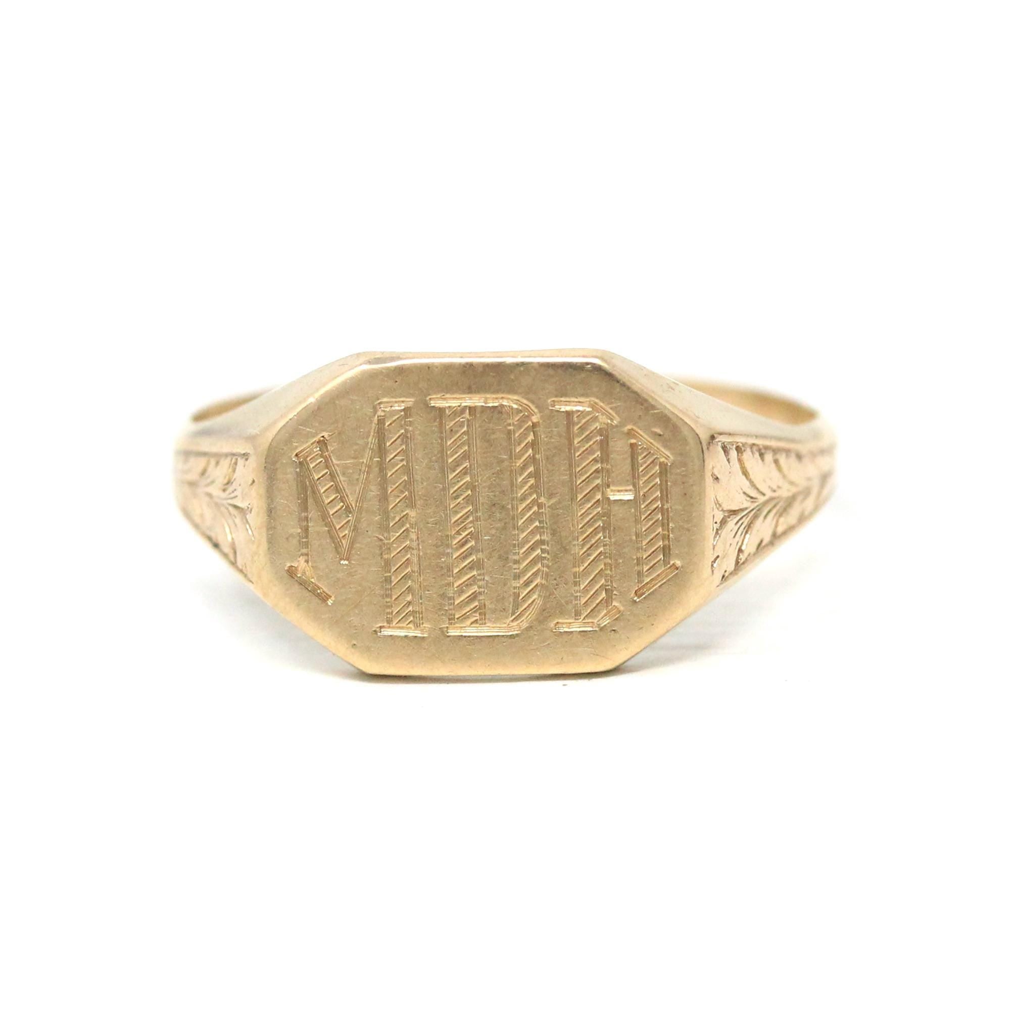 Vintage "MDH" Signet Ring - Retro 10k Yellow Gold Engraved Letters Initials Statement - Circa 1940s Size 7 Esemco Monogrammed Fine Jewelry