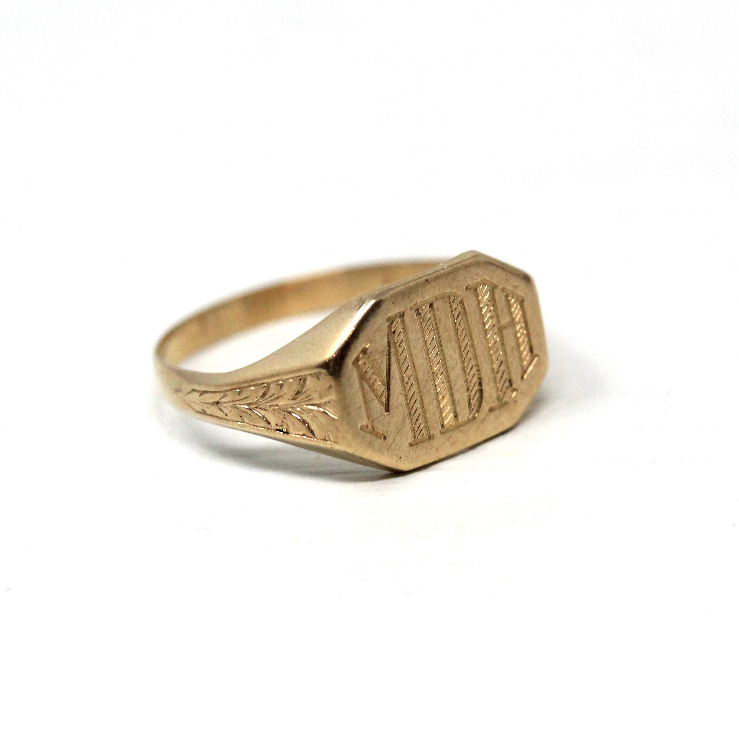 Vintage "MDH" Signet Ring - Retro 10k Yellow Gold Engraved Letters Initials Statement - Circa 1940s Size 7 Esemco Monogrammed Fine Jewelry