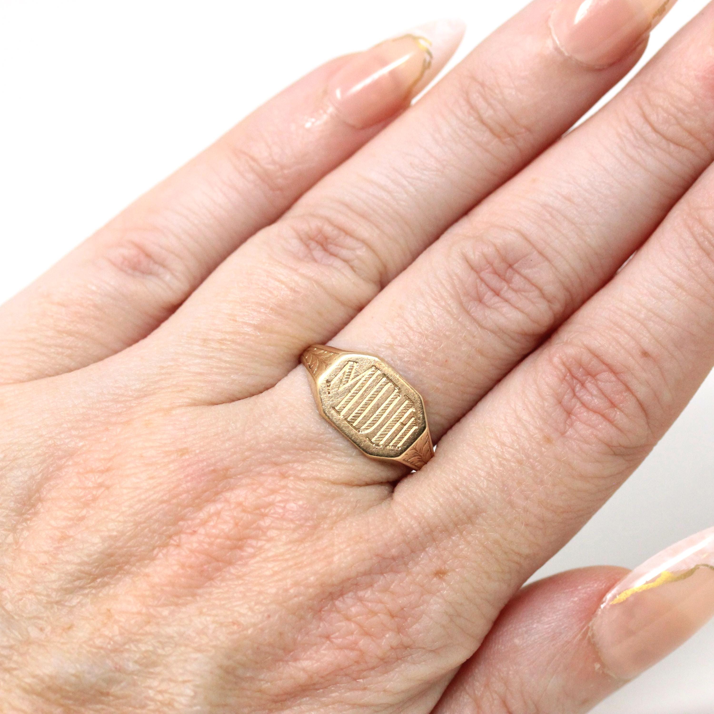 Vintage "MDH" Signet Ring - Retro 10k Yellow Gold Engraved Letters Initials Statement - Circa 1940s Size 7 Esemco Monogrammed Fine Jewelry
