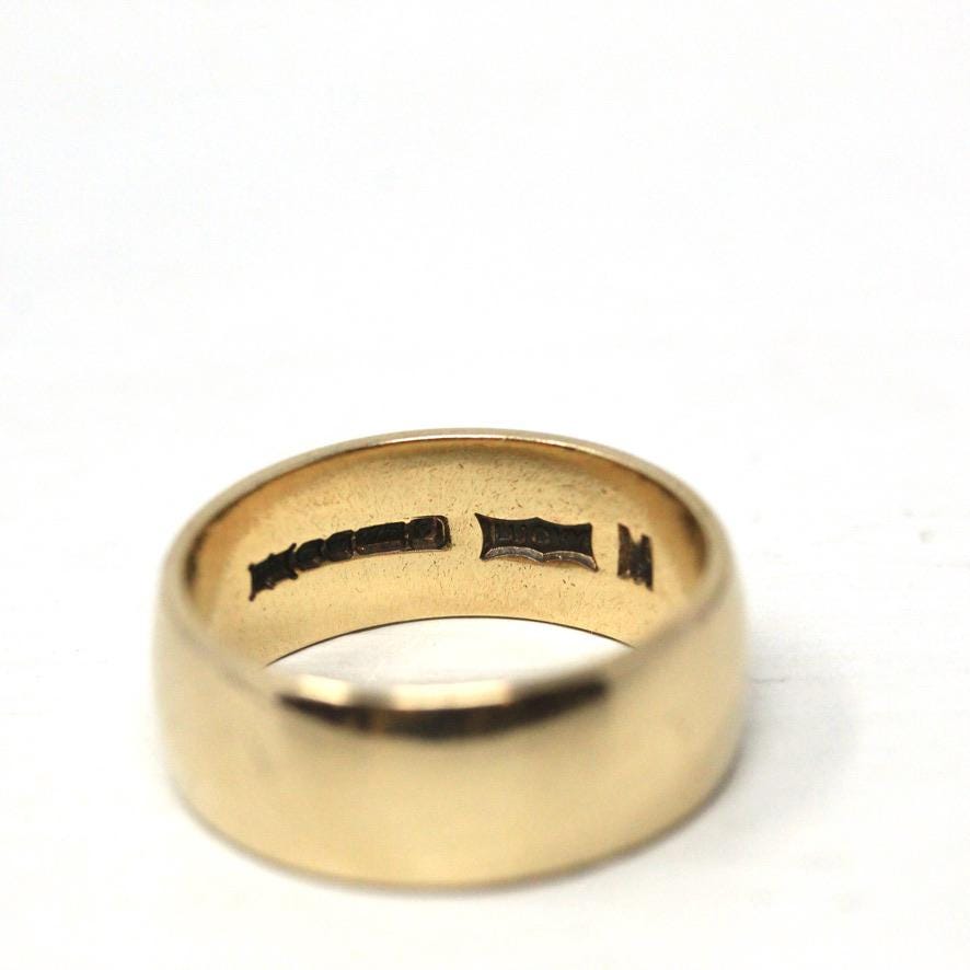 Vintage Ring Band - 7.18 MM Wide 9k Yellow Gold London England UK - Circa 1970 Size 6 1/2 English Hallmarks 1977 Fine Minimalist 70s Jewelry