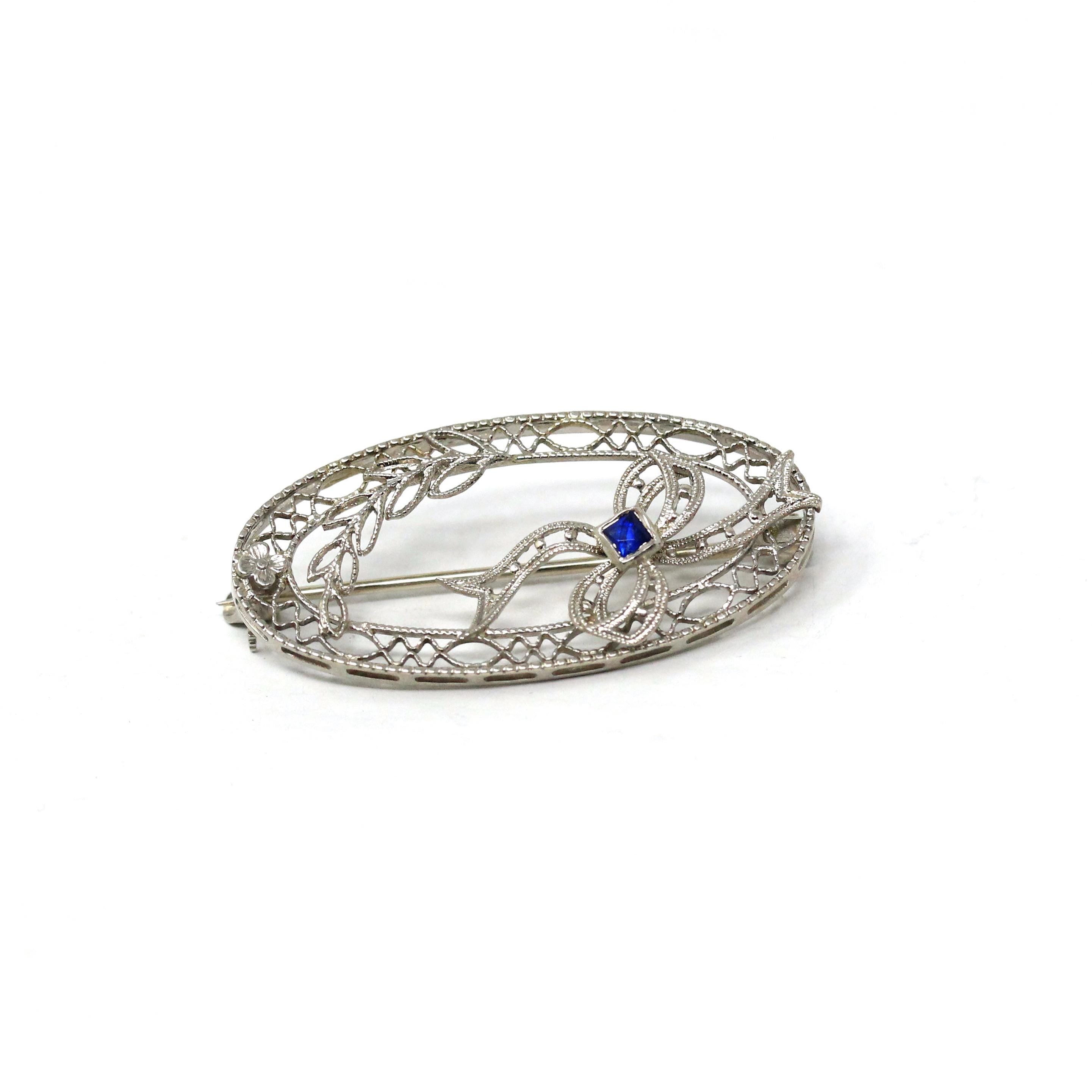 Art Deco Brooch - Vintage 14k White Gold Filigree Bow Ribbon Motif Statement Pin - Circa 1930s Era Created Sapphire Fine Oval 30s Jewelry