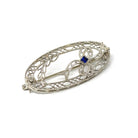 Art Deco Brooch - Vintage 14k White Gold Filigree Bow Ribbon Motif Statement Pin - Circa 1930s Era Created Sapphire Fine Oval 30s Jewelry