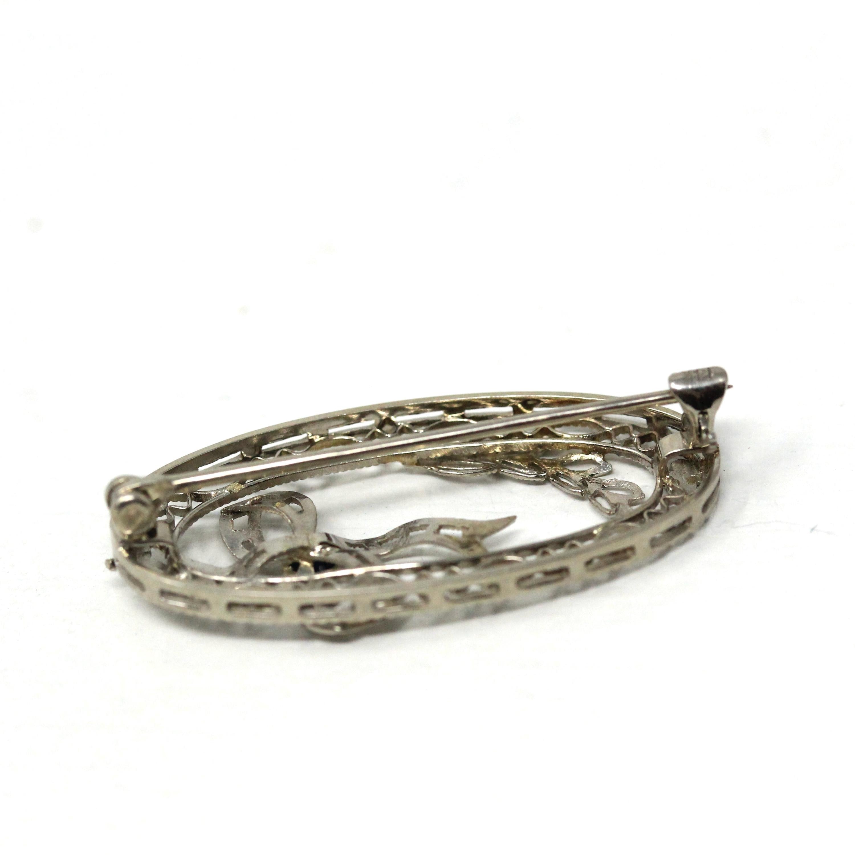 Art Deco Brooch - Vintage 14k White Gold Filigree Bow Ribbon Motif Statement Pin - Circa 1930s Era Created Sapphire Fine Oval 30s Jewelry