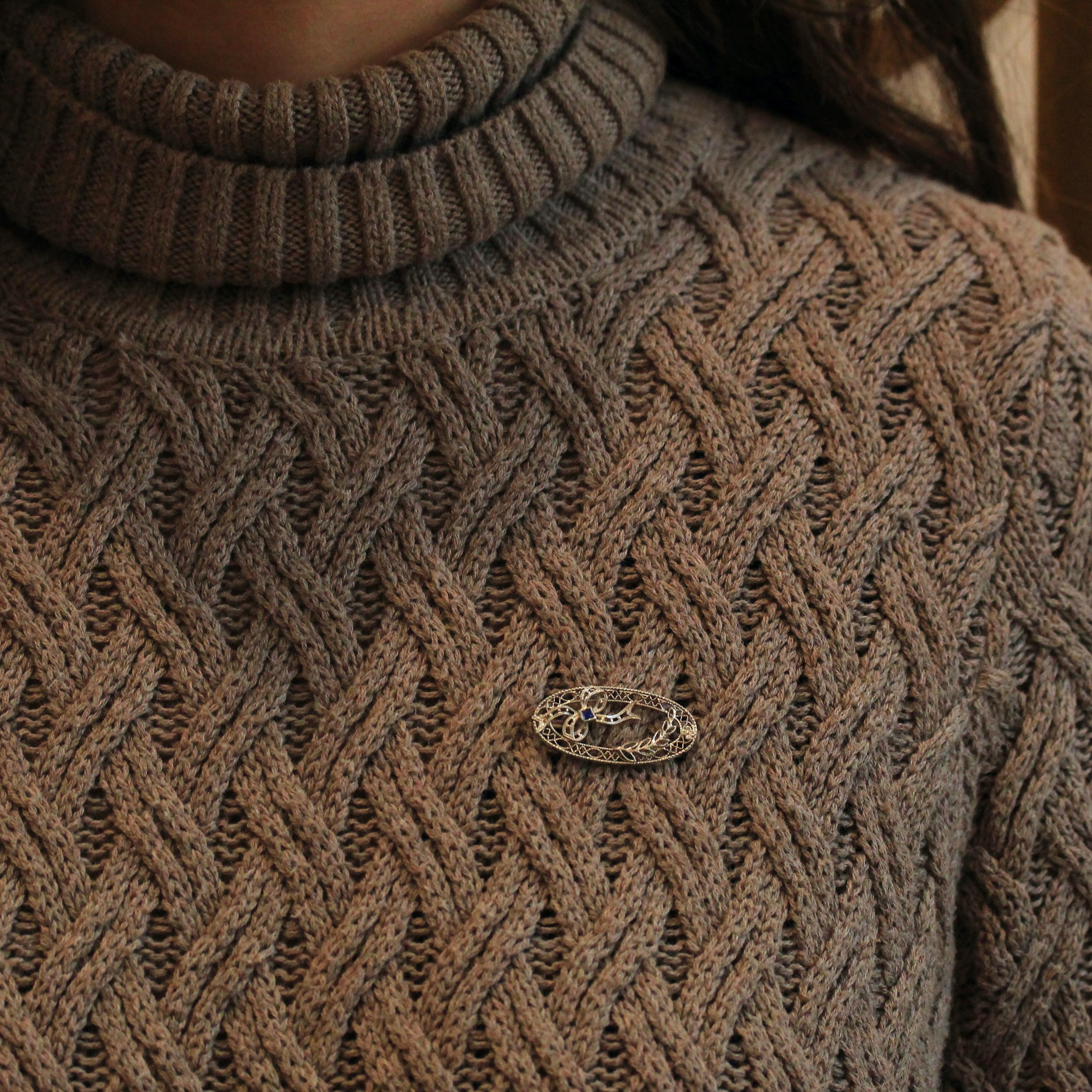 Art Deco Brooch - Vintage 14k White Gold Filigree Bow Ribbon Motif Statement Pin - Circa 1930s Era Created Sapphire Fine Oval 30s Jewelry