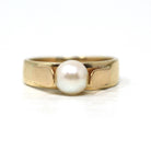 Retro Cultured Pearl Ring - Vintage 14k Yellow Gold Solitaire Style Gemstone - Circa 1970s Era Size 7 June Birthstone Fine Statement Jewelry