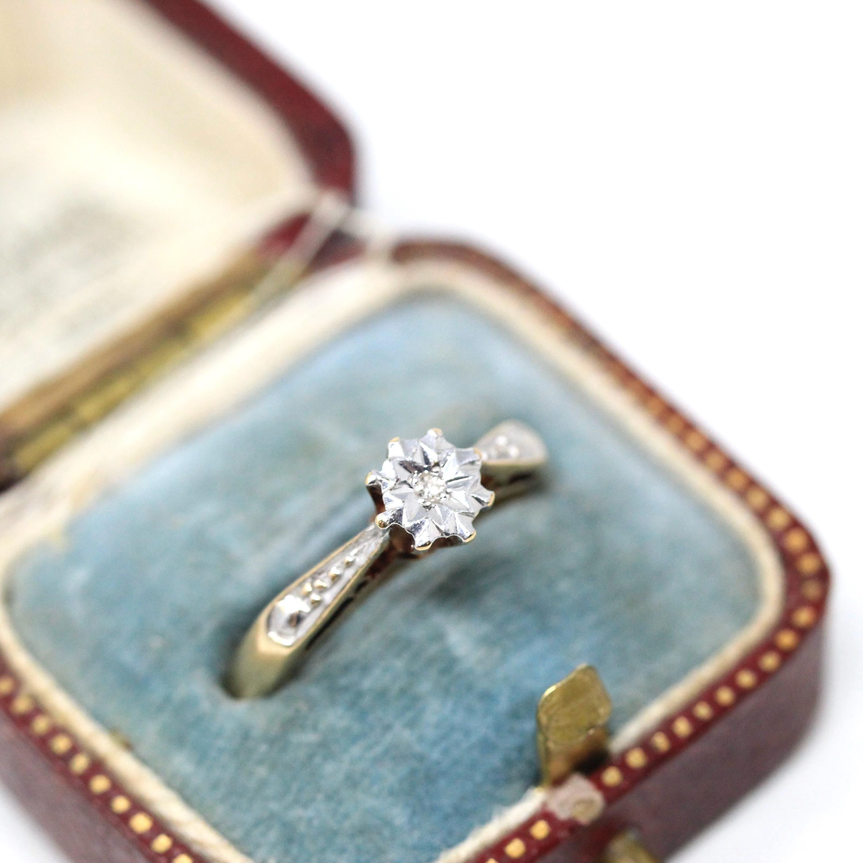 Vintage Star Diamond Ring - Retro Era Two Tone 9k Yellow & White Gold Engagement Ring - Circa 1970s Size 6 1/2 Fine Bridal Jewelry