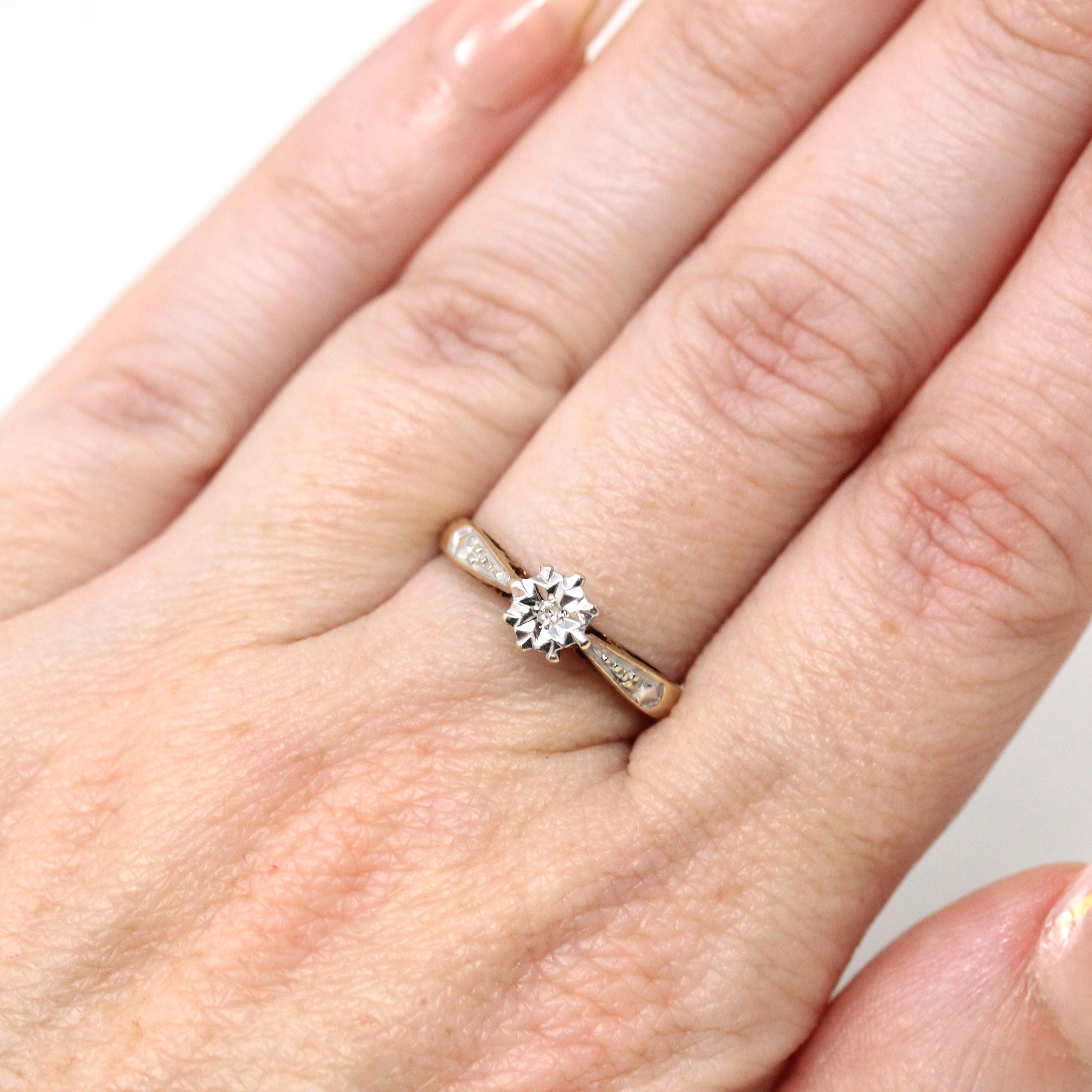 Vintage Star Diamond Ring - Retro Era Two Tone 9k Yellow & White Gold Engagement Ring - Circa 1970s Size 6 1/2 Fine Bridal Jewelry