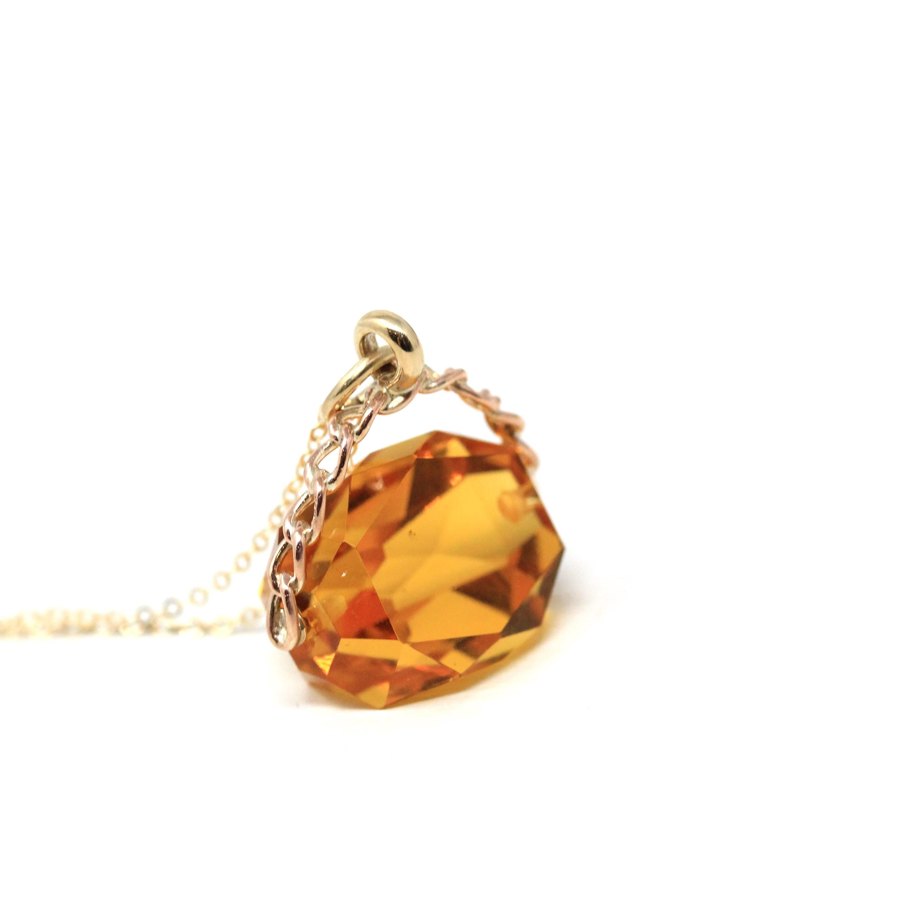 Antique Spinner Fob - Victorian 9k English Yellow Gold Simulated Citrine Pendant Necklace - Dated 1897 Unique Faceted Glass Gemstone Jewelry