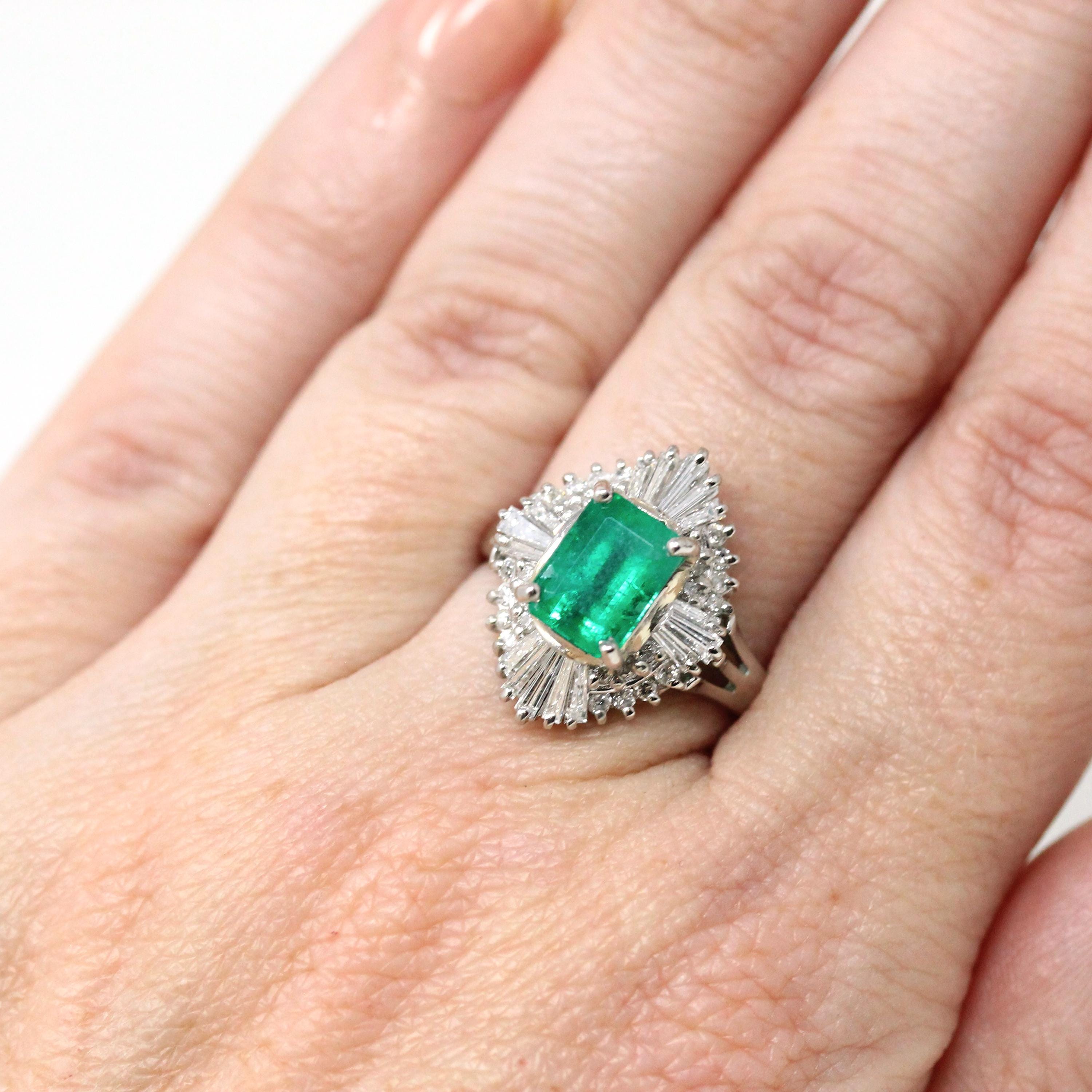 Emerald & Diamond Ring - Estate Platinum 1.77 CT Green Emerald Cut Baguette Round Halo - Vintage Engagement Fine Ballerina Report Jewelry